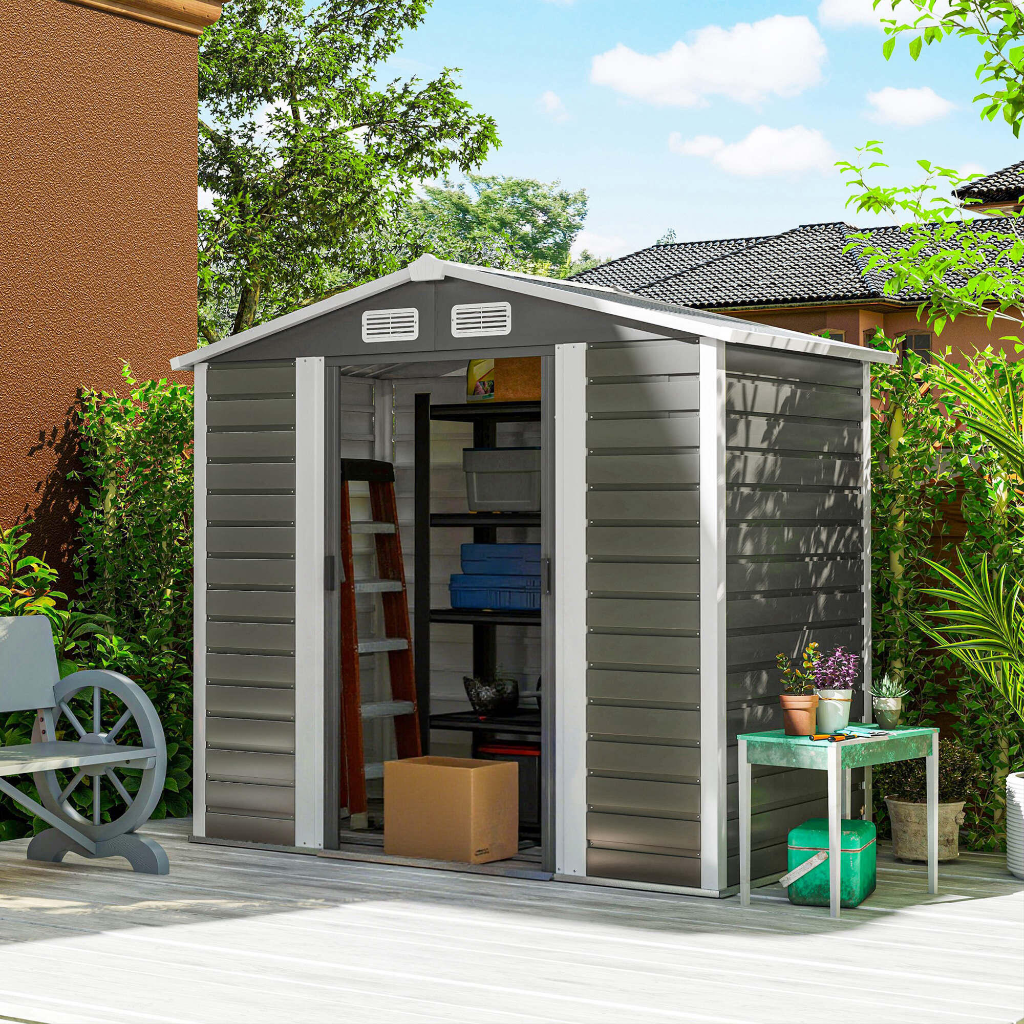 Abrigo de jardim 213x120x166/194 cm cinzento Outsunny 2/7