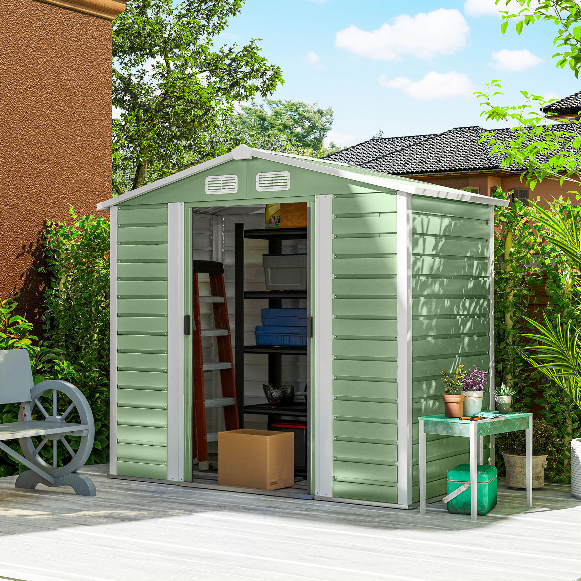 Abrigo de jardim 213x120x166/194 cm verde Outsunny 2/7