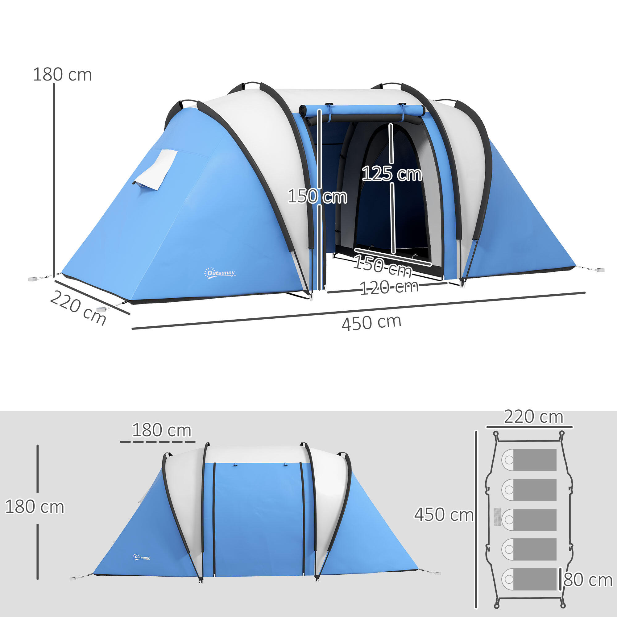 Tienda de Campaña Outsunny 450x220x180 cm Gris, Azul 3/7