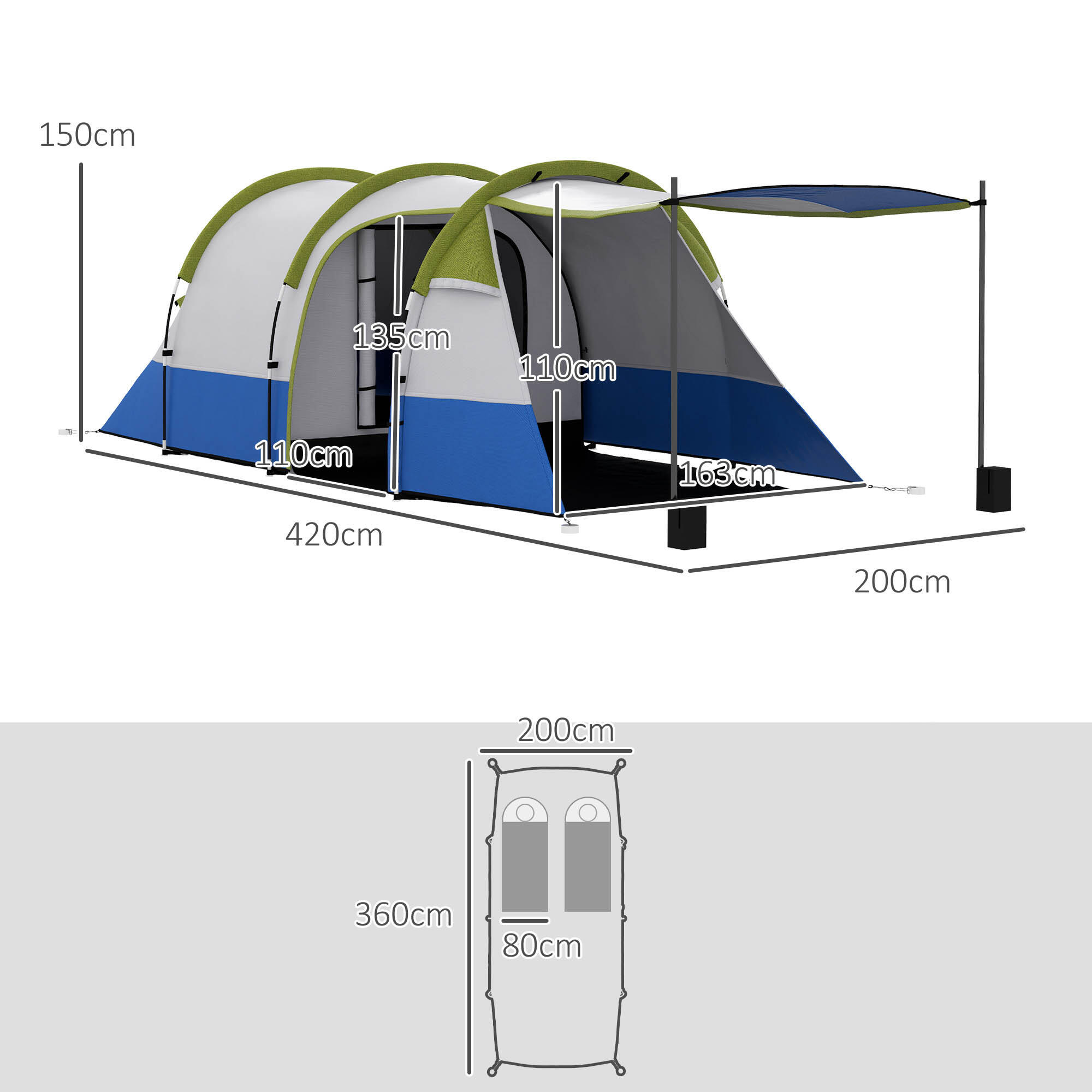 Tienda de Campaña Outsunny 420x200x150 cm Azul Oscuro y Verde 3/5
