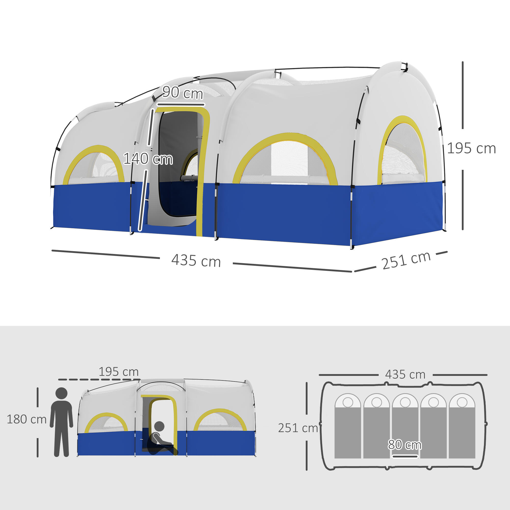 Tenda campismo 435x251x195 cm azul Outsunny 3/7