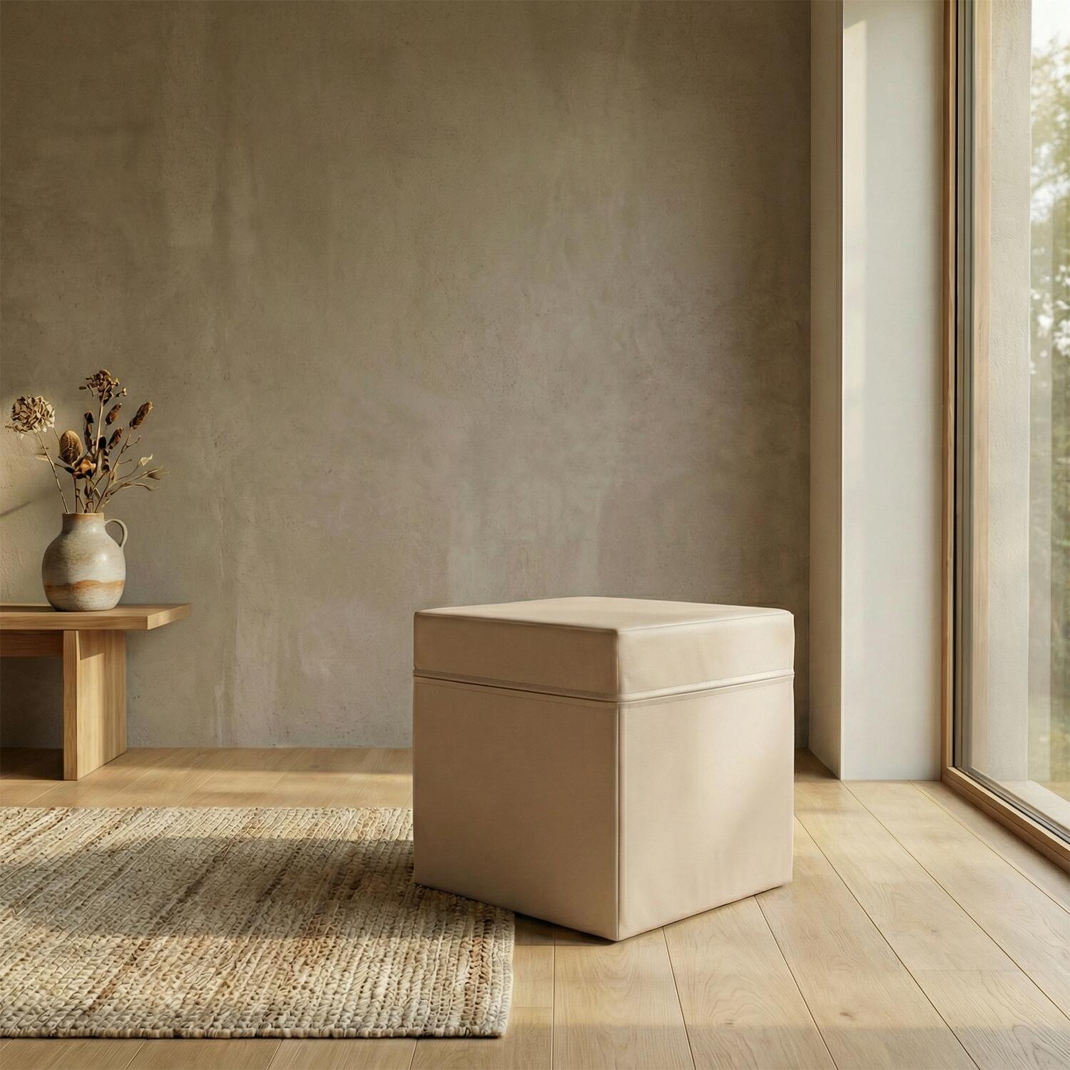 Cube de siège en simili cuir beige de 40x40x40 cm avec mousse de polyuréthane. 7/7