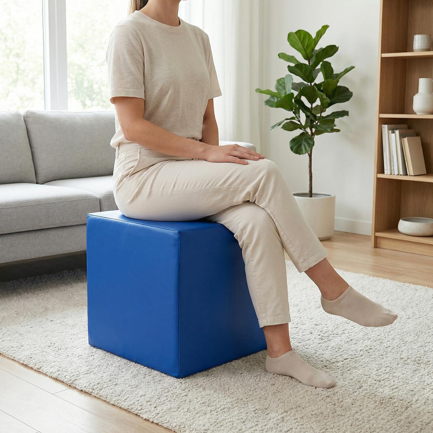 Cube de siège en similicuir bleu de 40x40x40 cm avec mousse de polyuréthane 2/7