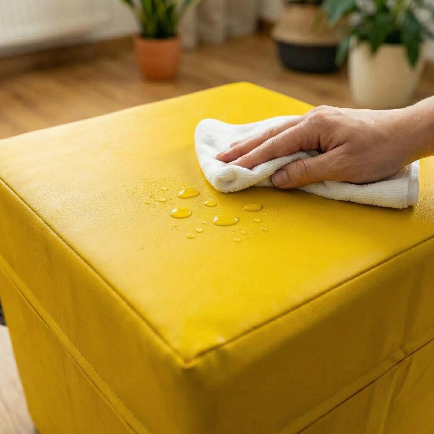 Cubo de assento em couro sintético amarelo, 40x40x40 cm, com espuma de poliuret 3/7