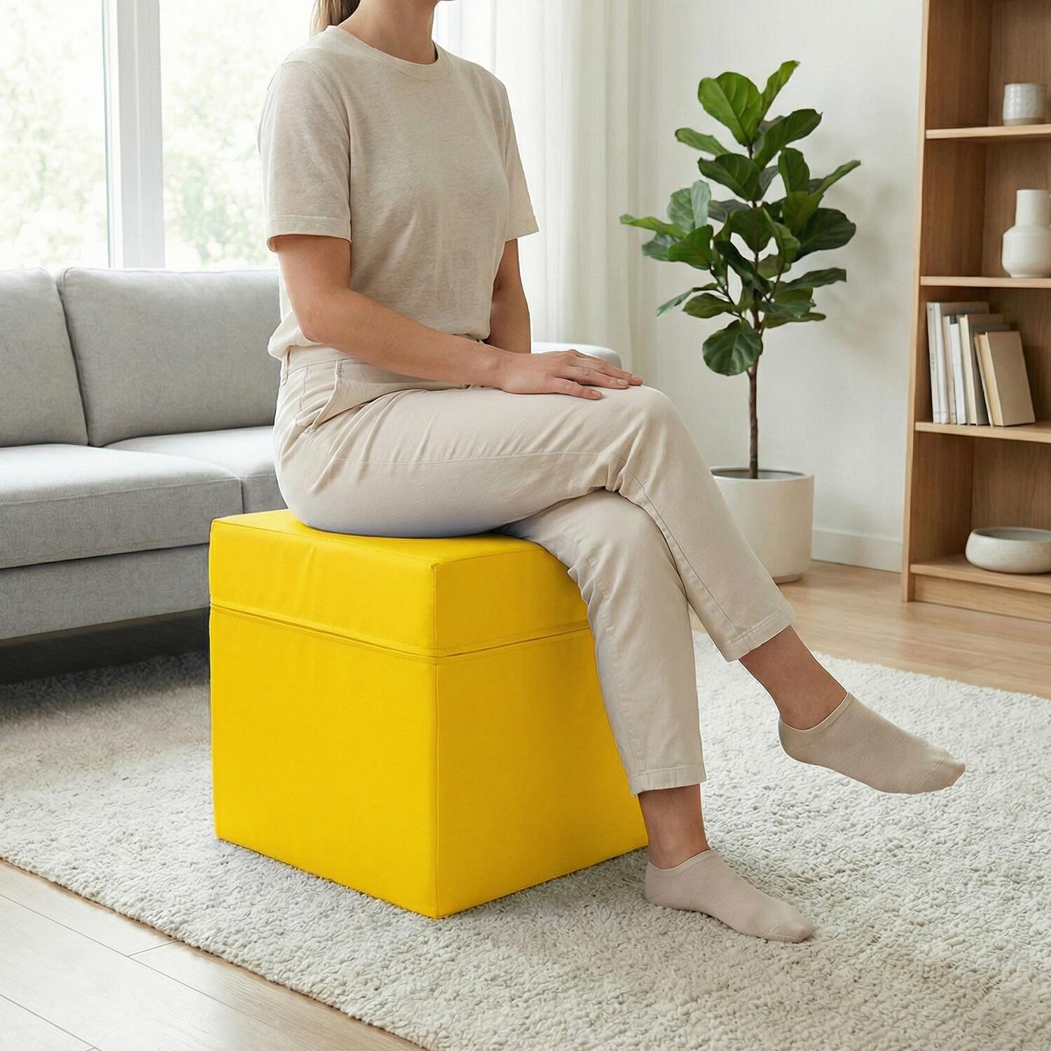 Cubo de assento em couro sintético amarelo, 40x40x40 cm, com espuma de poliuret 2/7
