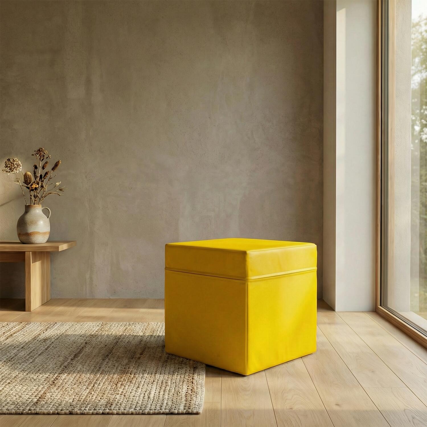 Cubo de assento em couro sintético amarelo, 40x40x40 cm, com espuma de poliuret 6/7