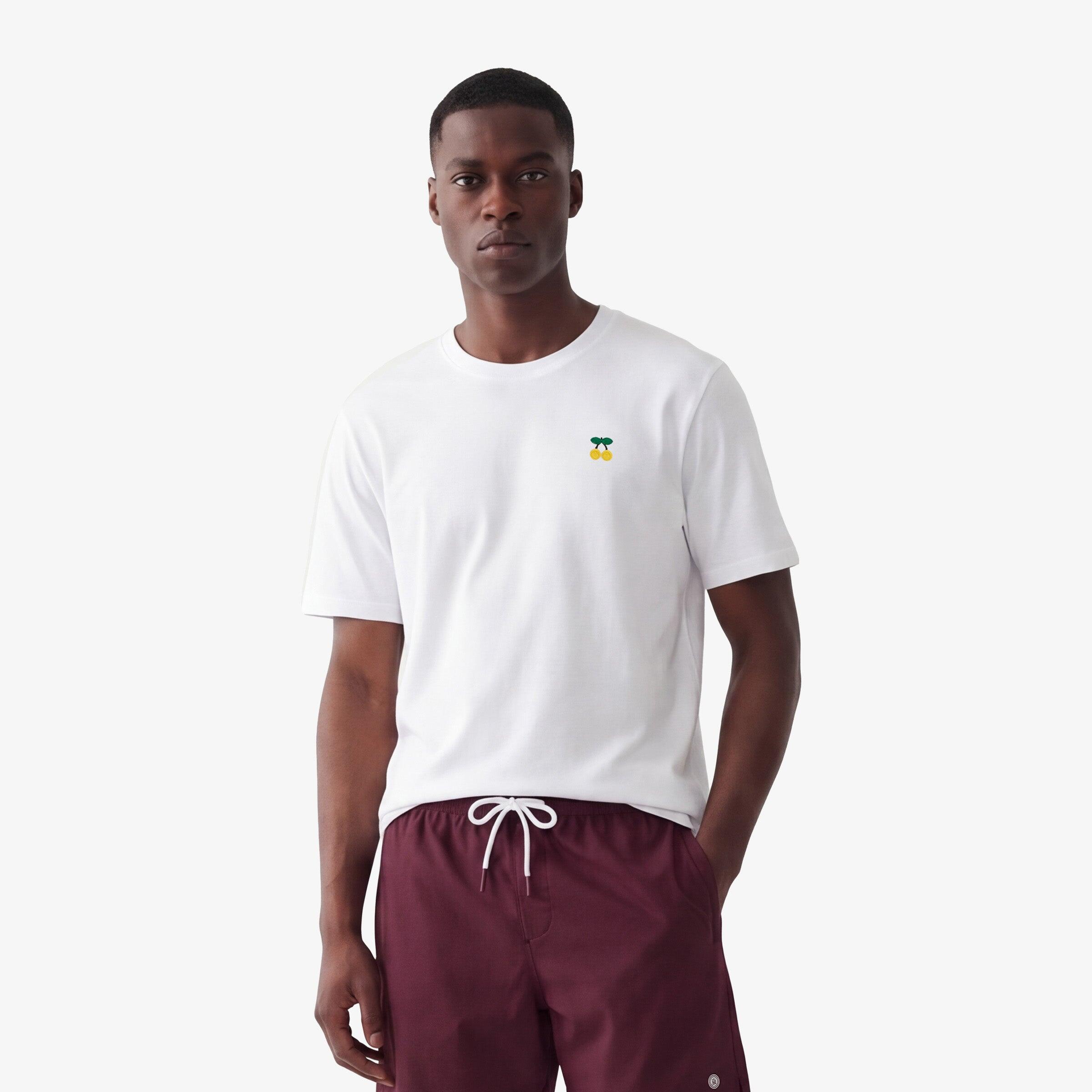 T-shirt girocollo in cotone bianco con ricamo ciliegie gialle sul petto 2/5