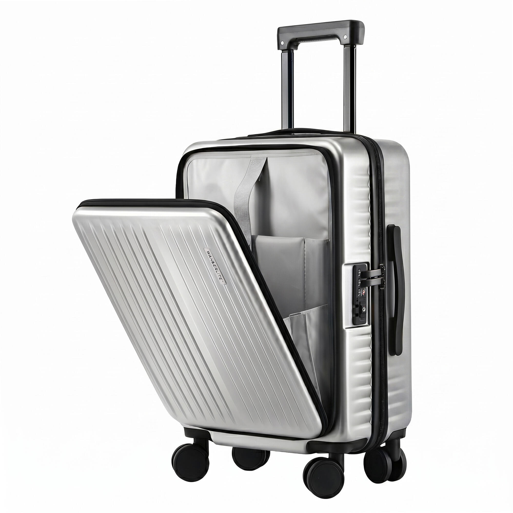 Wanderlite 20" Luggage Suitcase Front Pocket Travel Carry On Dual TSA Silver