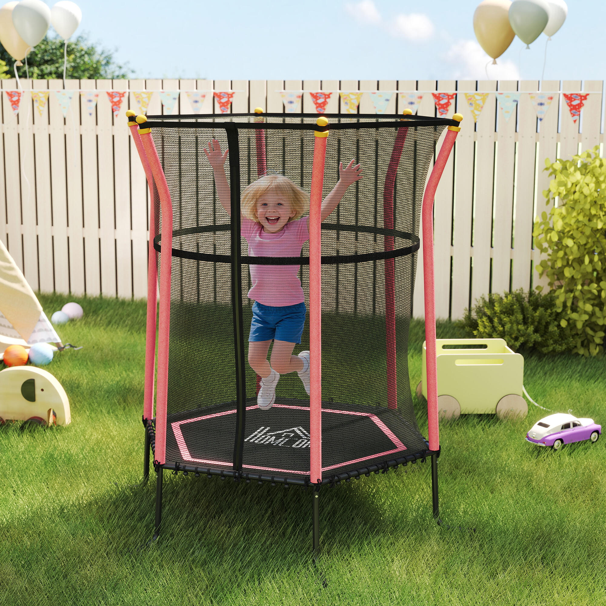 HOMCOM Tappeto Elastico per Bambini con Ingresso a Zip e Pali Imbottiti Rosso 2/7