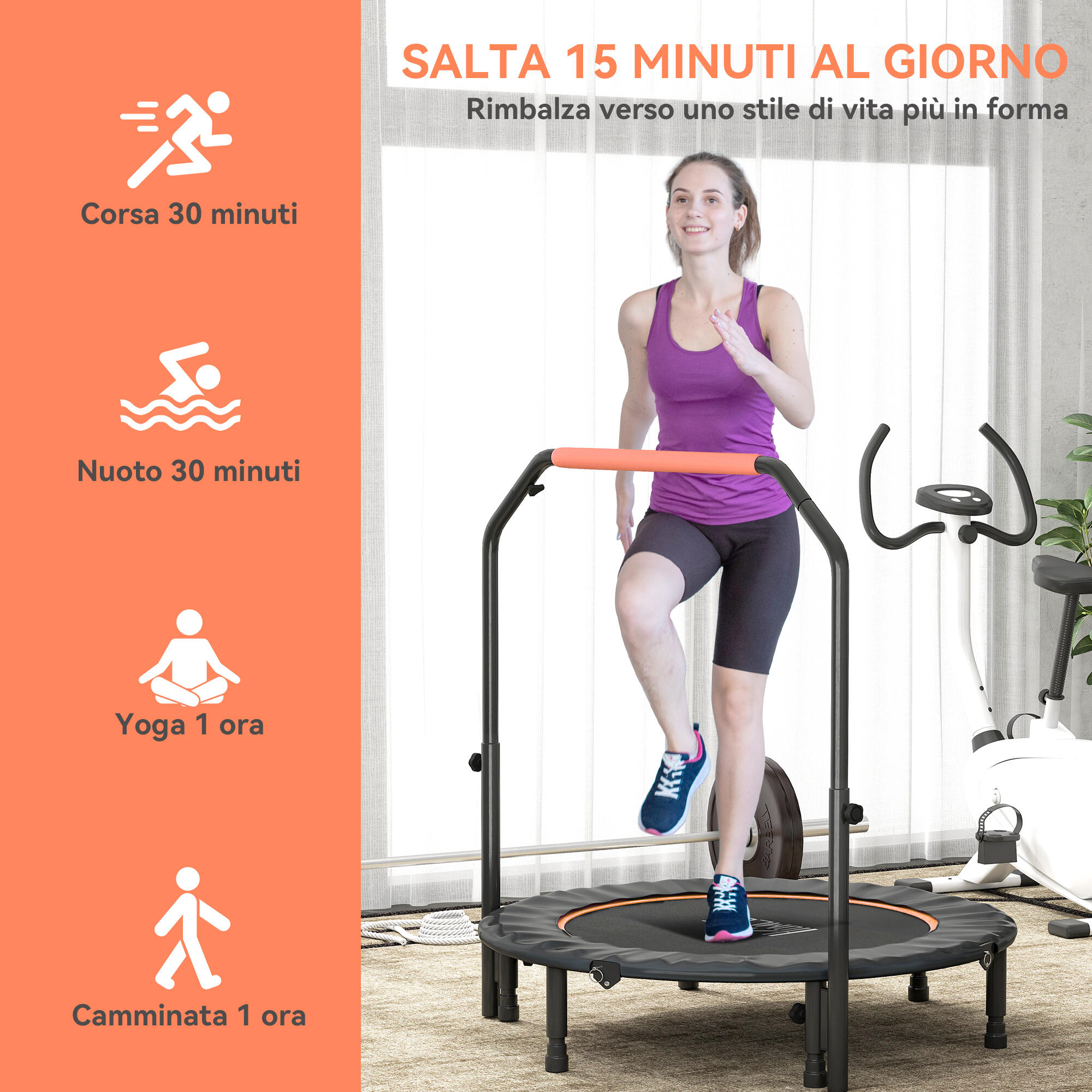 HOMCOM Trampolino Fitness Ø114 cm Pieghevole e Regolabile Arancione e Nero 7/7
