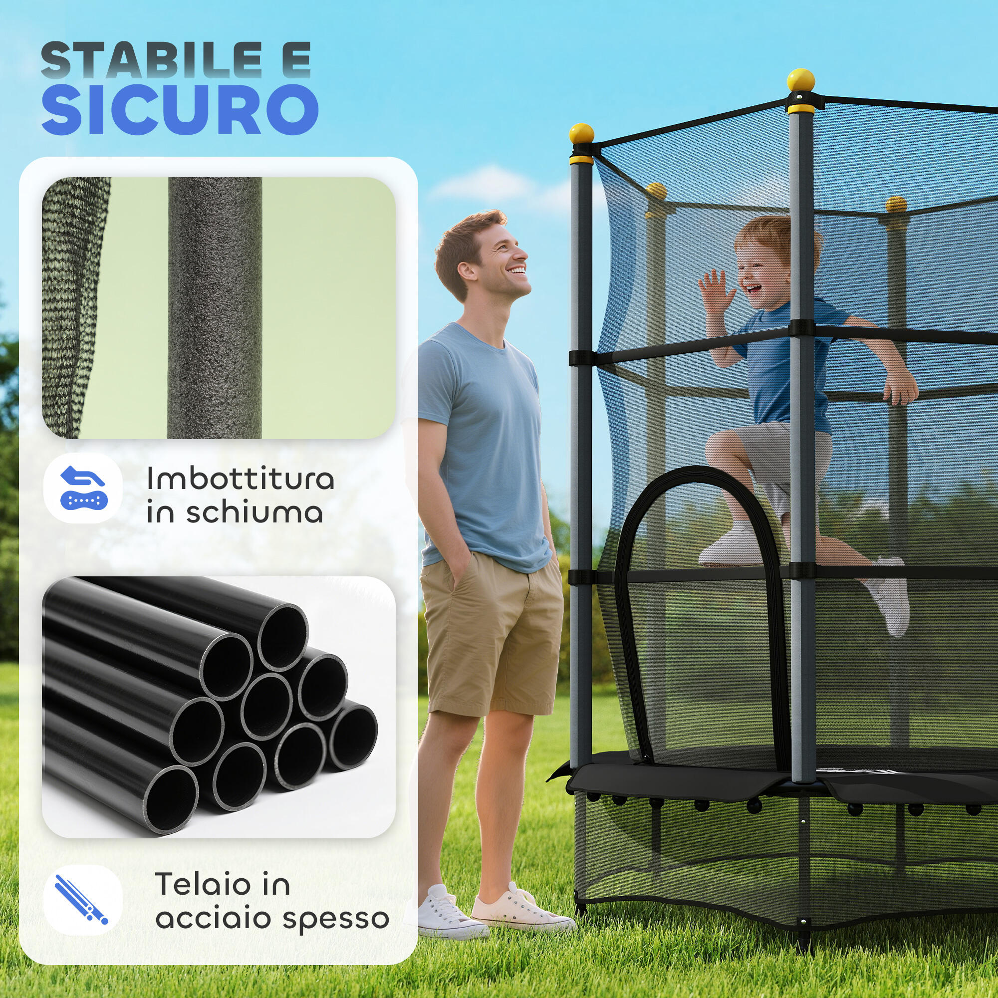 HOMCOM Tappeto Elastico per Bambini 3-10 Anni con Rete di Sicurezza Ø140cm Nero 4/7
