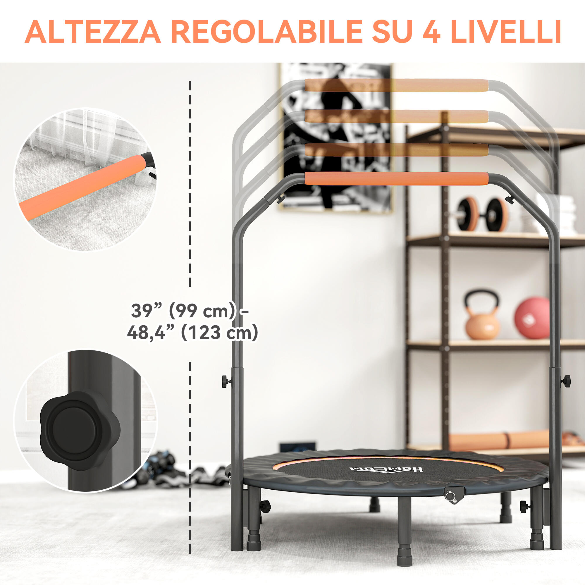 HOMCOM Trampolino Fitness Ø114 cm Pieghevole e Regolabile Arancione e Nero 4/7