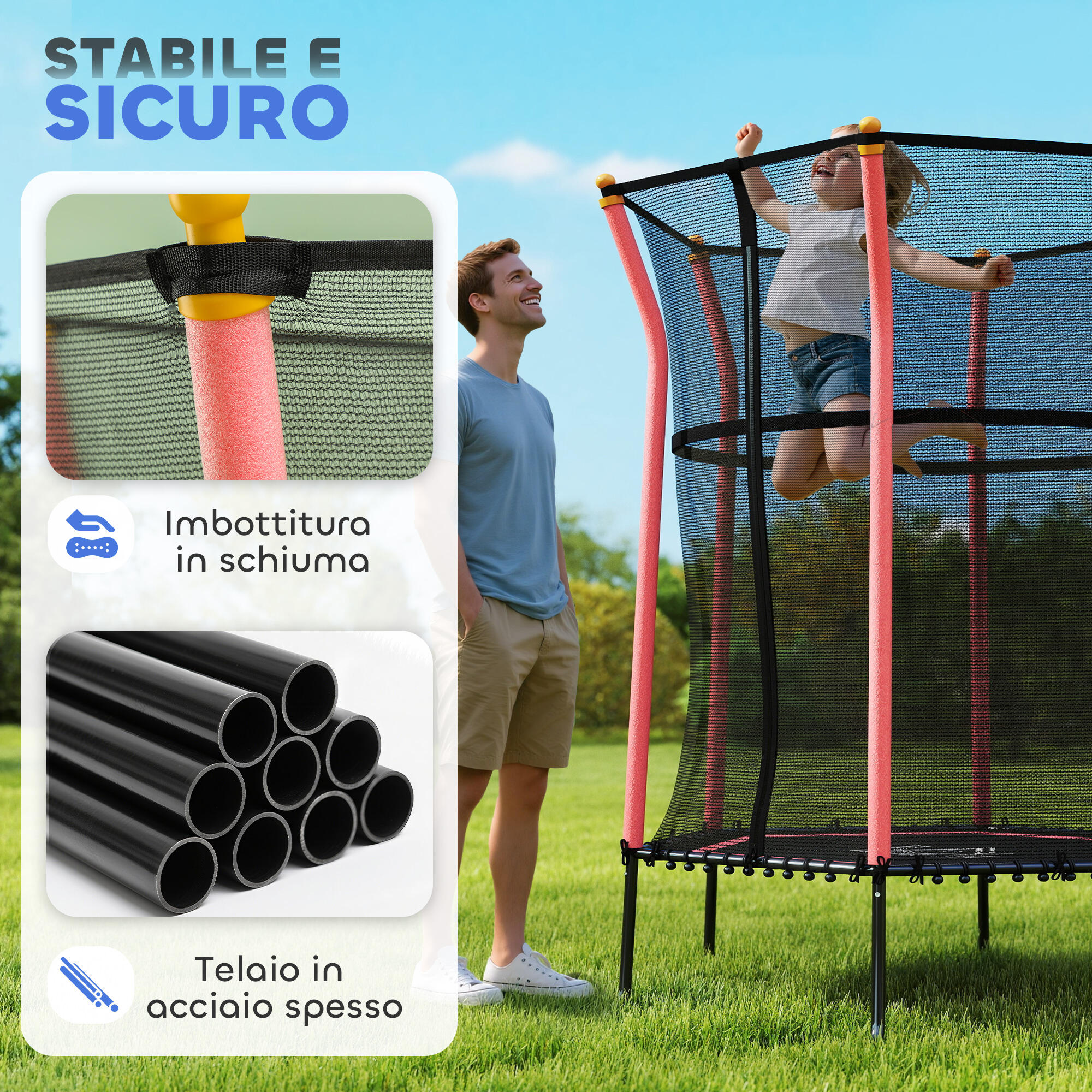 HOMCOM Tappeto Elastico per Bambini con Ingresso a Zip e Pali Imbottiti Rosso 4/7