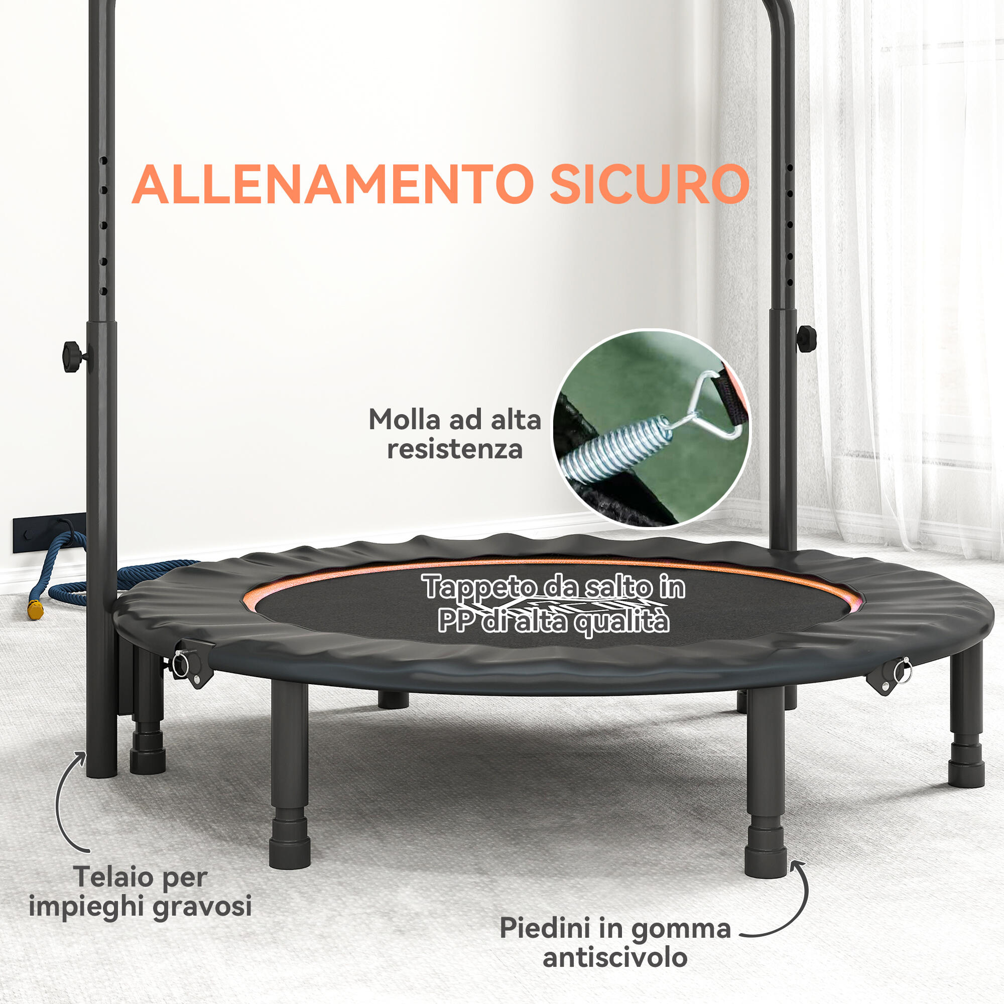 HOMCOM Trampolino Fitness Ø114 cm Pieghevole e Regolabile Arancione e Nero 6/7