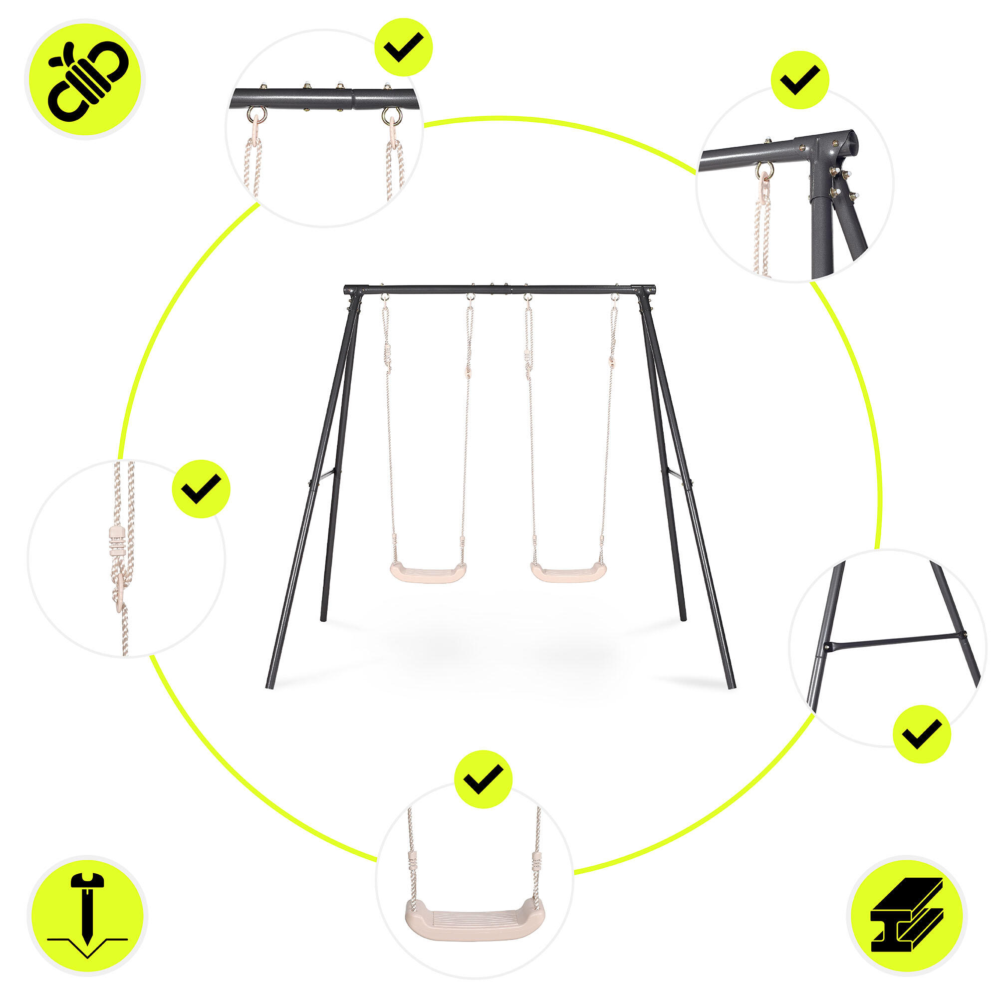 Portique balançoire double 2,09x1,42x1,82m Acier Sièges Beiges Max 100kg EN71 2/7
