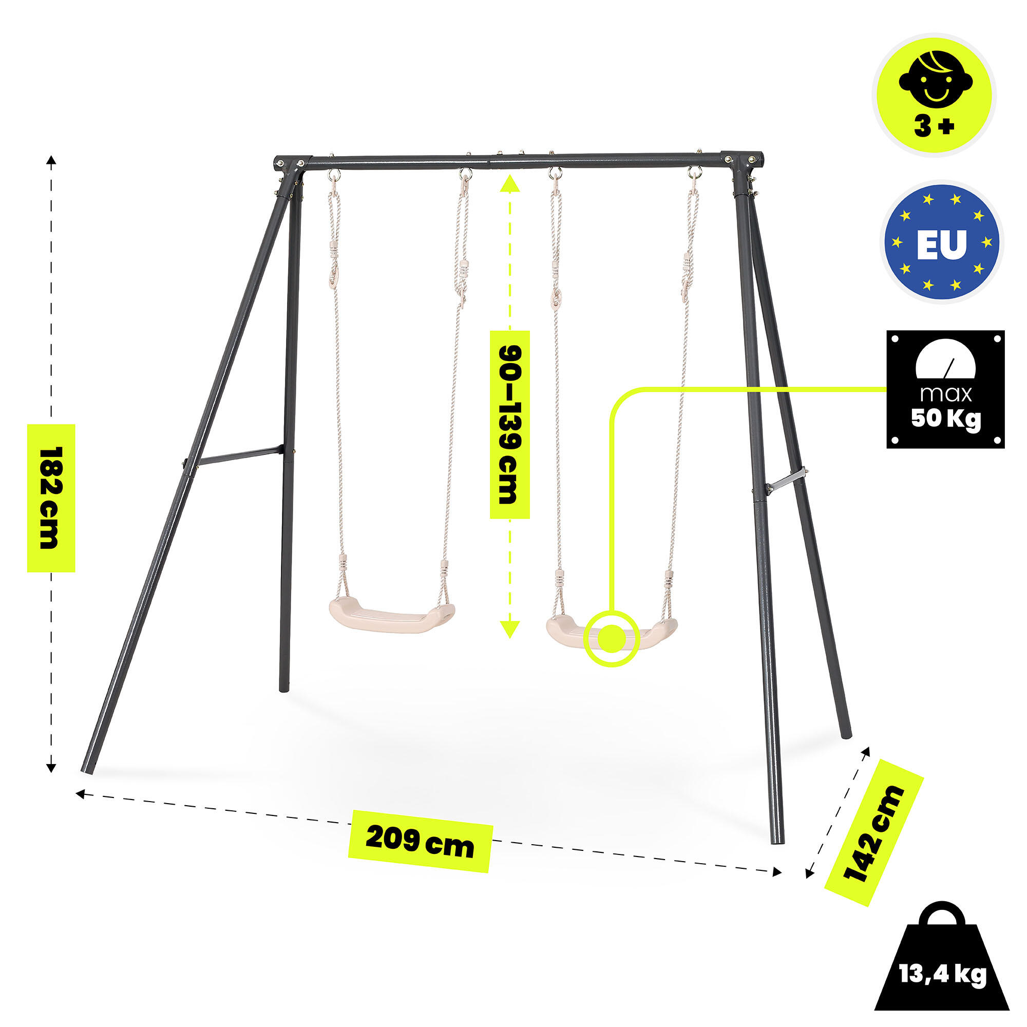 Portique balançoire double 2,09x1,42x1,82m Acier Sièges Beiges Max 100kg EN71 5/7