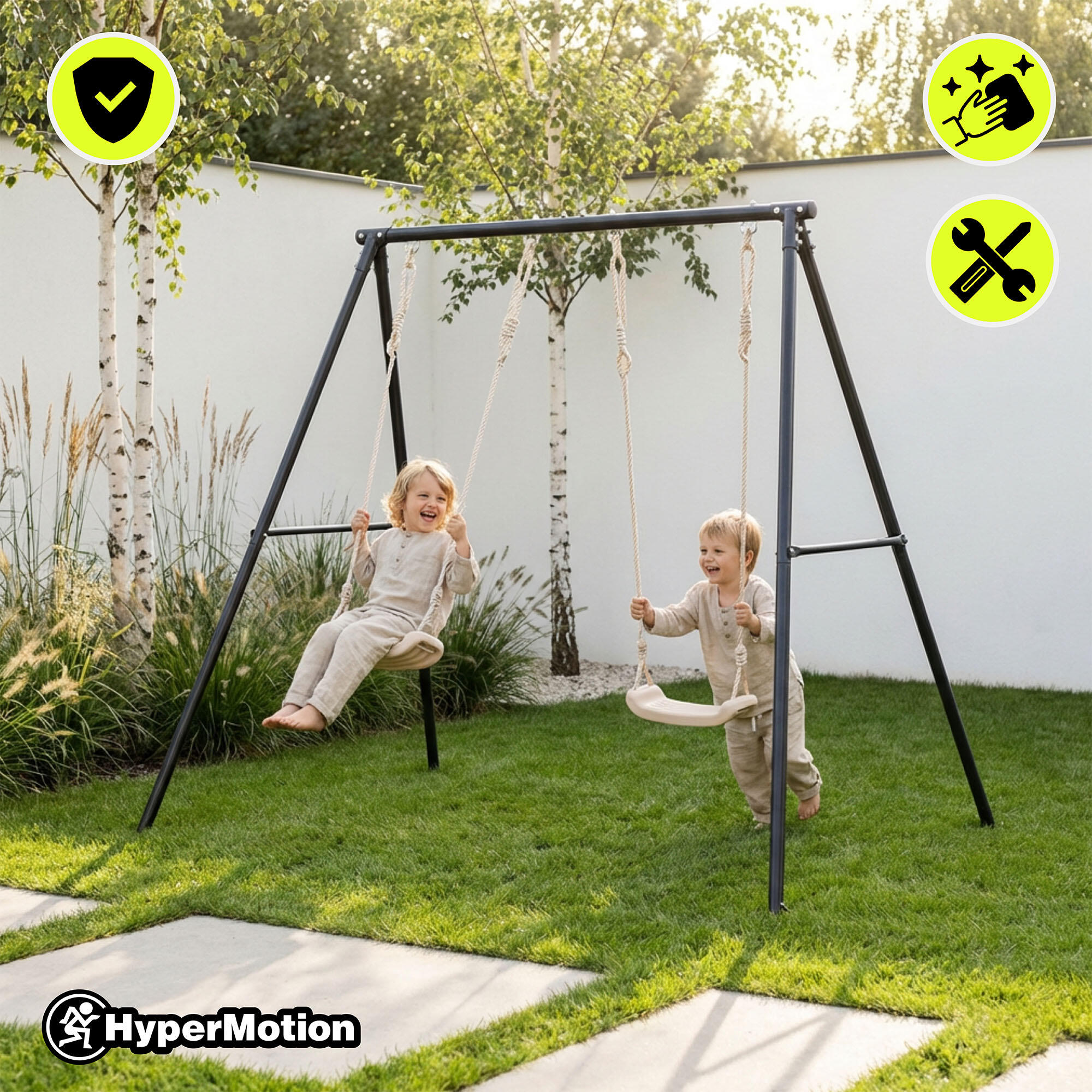 Portique balançoire double 2,09x1,42x1,82m Acier Sièges Beiges Max 100kg EN71 4/7