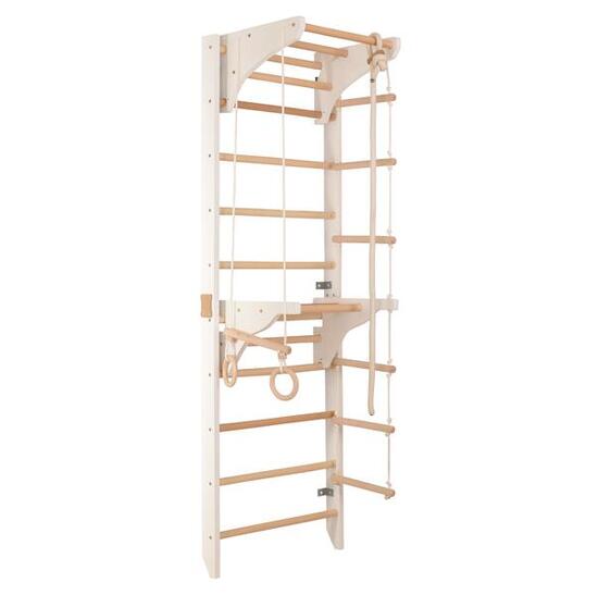 Sprossenwand Holz mit 2 Klimmzugstangen, Ringen & Seil weiß (2in1 weiß)