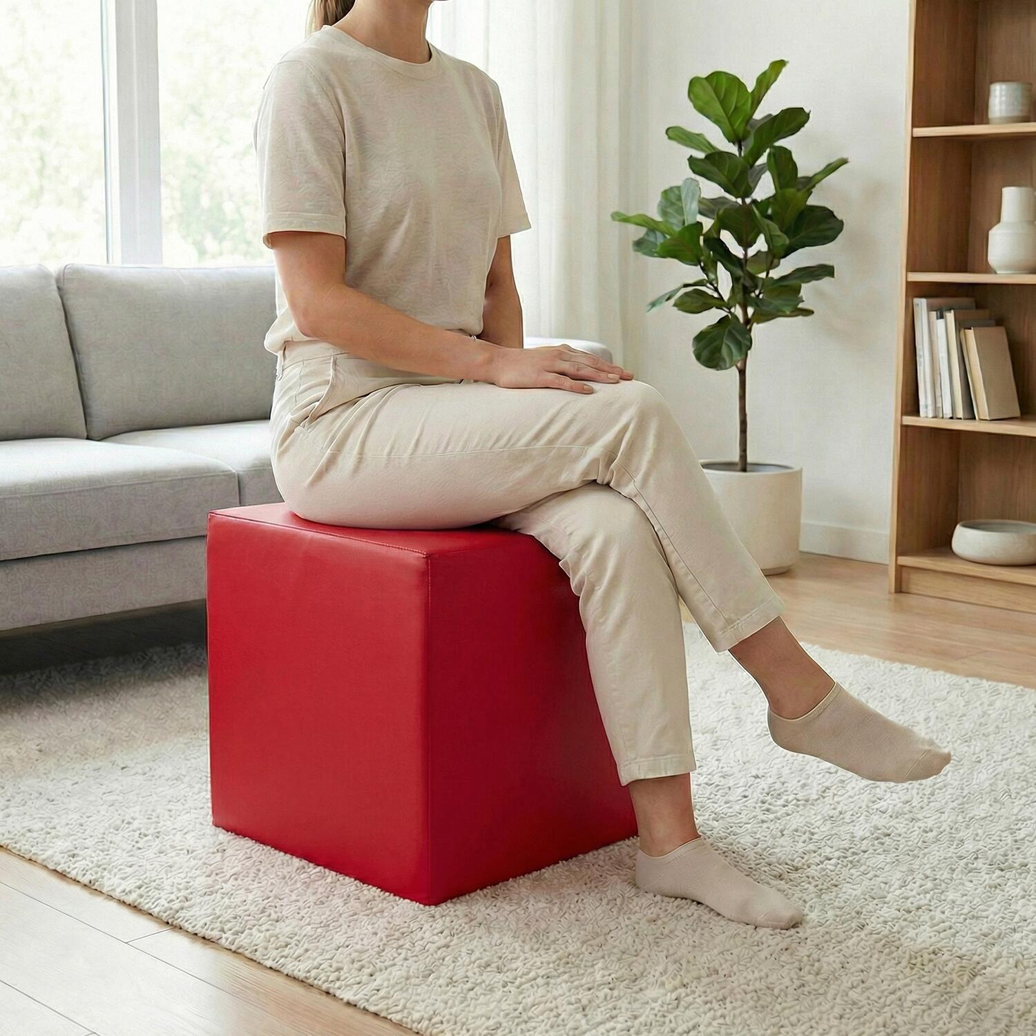 Sitzwürfel aus Kunstleder rot 40x40x40 cm mit PU-Schaumstoff 2/7