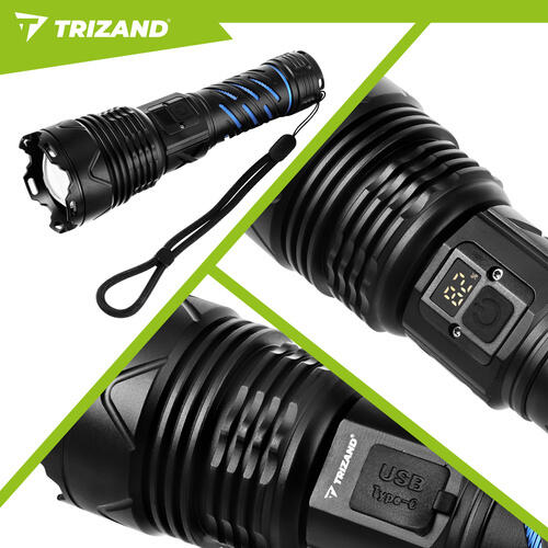 Lanterna tactica LED, 1500 lm, 5000 mAh, USB-C, zoom, powerbank, impermeabila