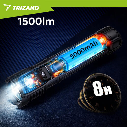Lanterna tactica LED, 1500 lm, 5000 mAh, USB-C, zoom, powerbank, impermeabila