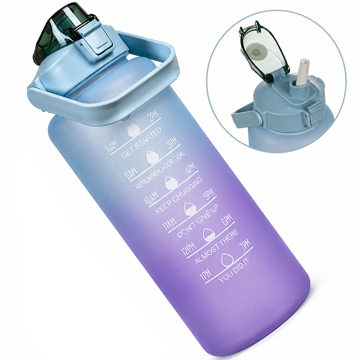 Sticla de apa cu pai, 2000 ml, marcator de timp, blocare capac, plastic PP