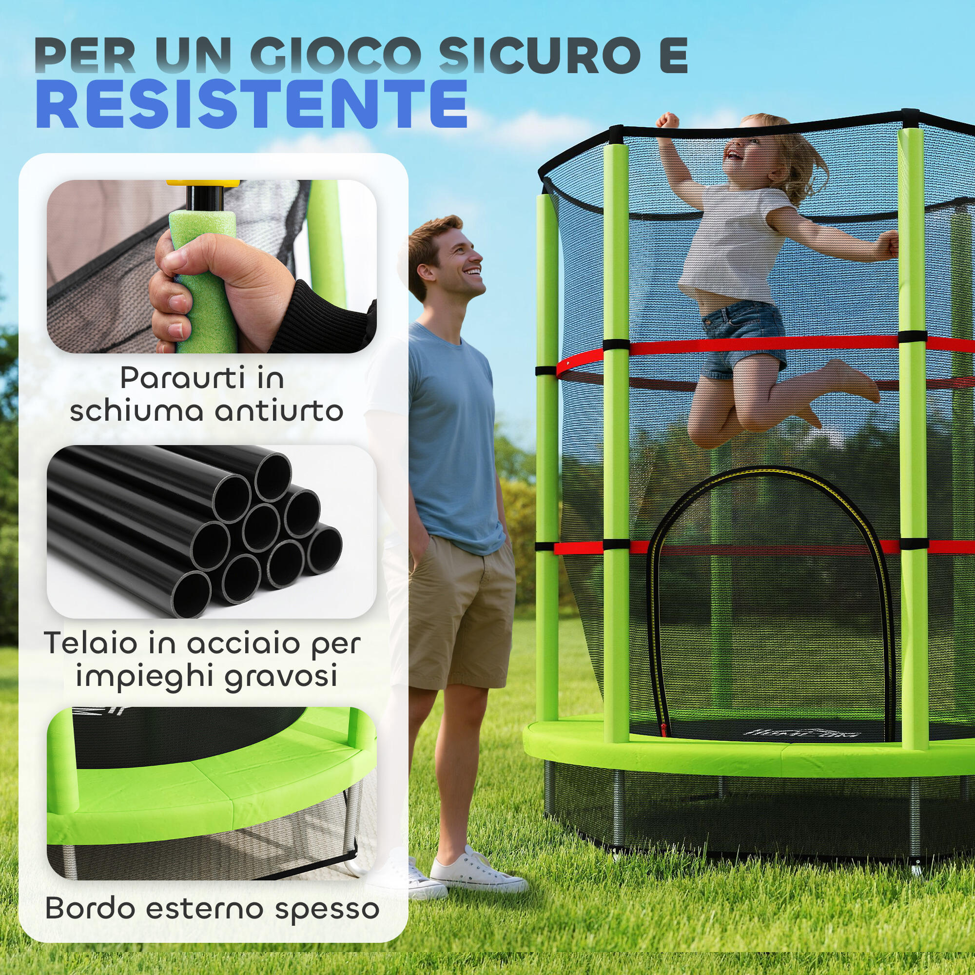 HOMCOM Tappeto Elastico per Bambini 3-6 Anni con 3 Ingressi Verde e Nero 4/7