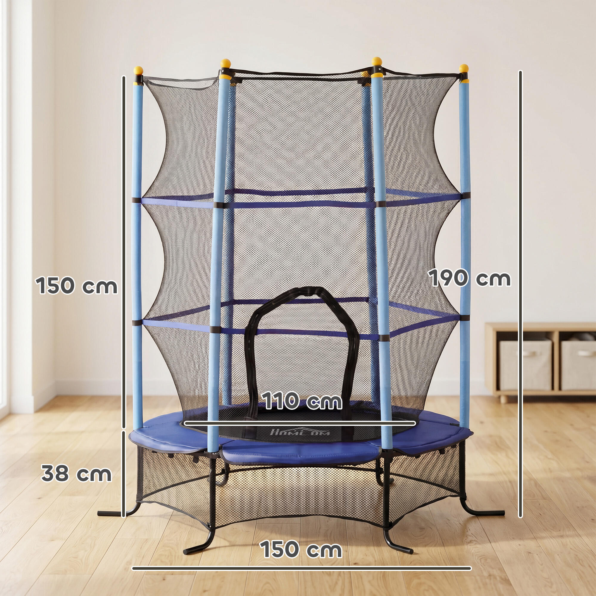 HOMCOM Trampolino Elastico Bambini 3-10 Anni Ø1.6x1.9 m e Rete di Sicurezza Blu 3/7