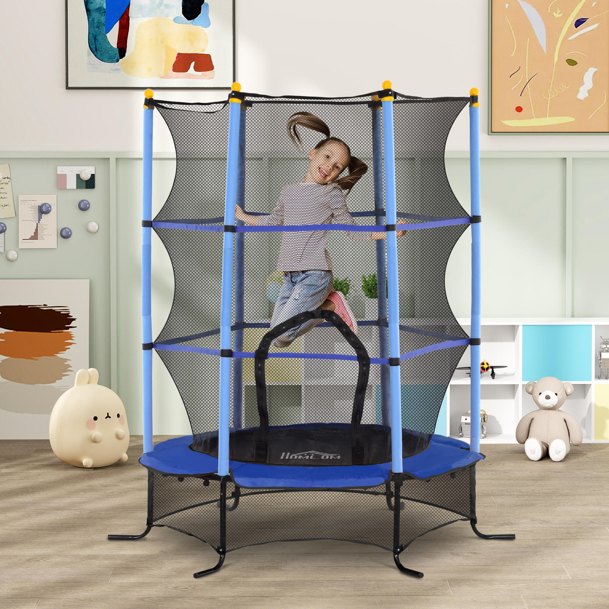 HOMCOM Trampolino Elastico Bambini 3-10 Anni Ø1.6x1.9 m e Rete di Sicurezza Blu 2/7