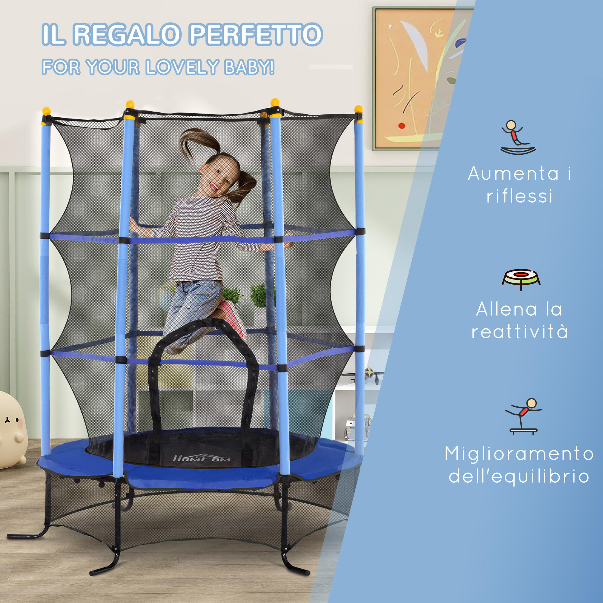 HOMCOM Trampolino Elastico Bambini 3-10 Anni Ø1.6x1.9 m e Rete di Sicurezza Blu 7/7
