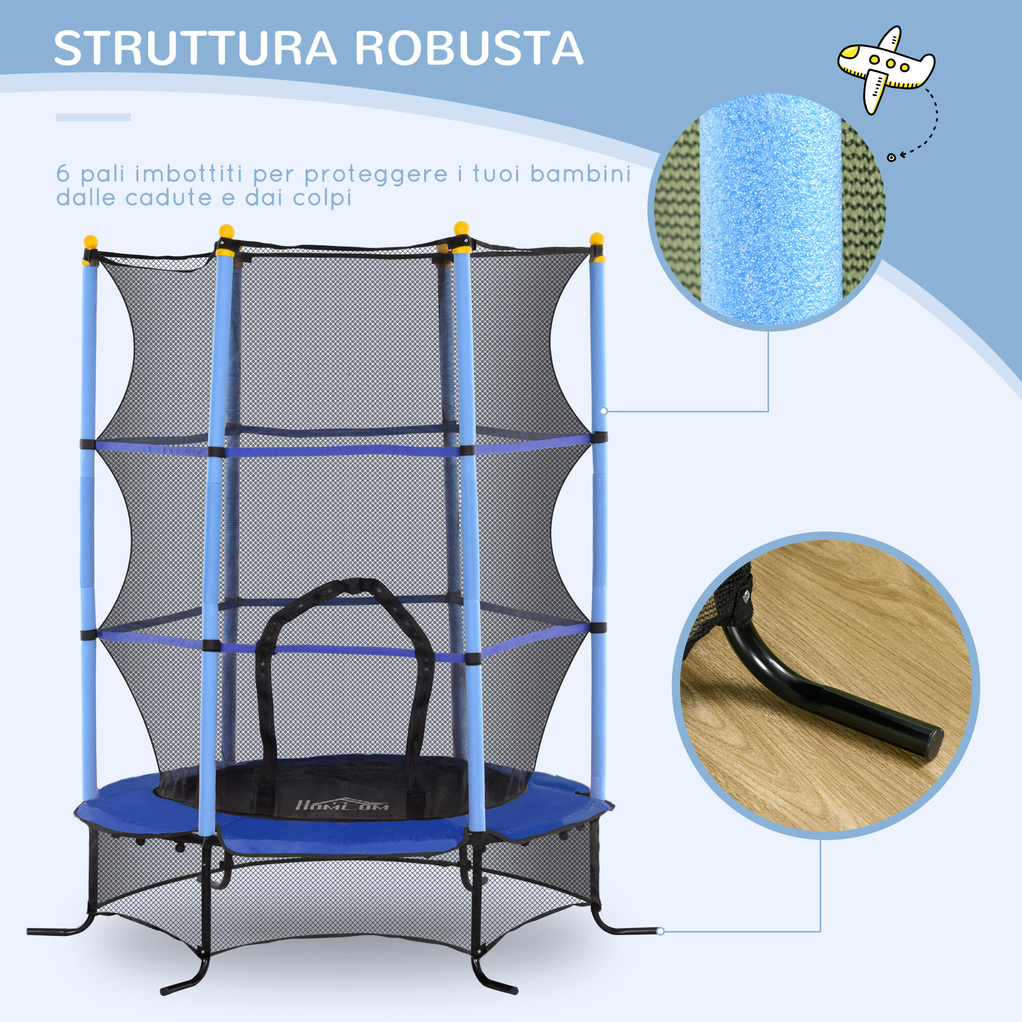 HOMCOM Trampolino Elastico Bambini 3-10 Anni Ø1.6x1.9 m e Rete di Sicurezza Blu 5/7