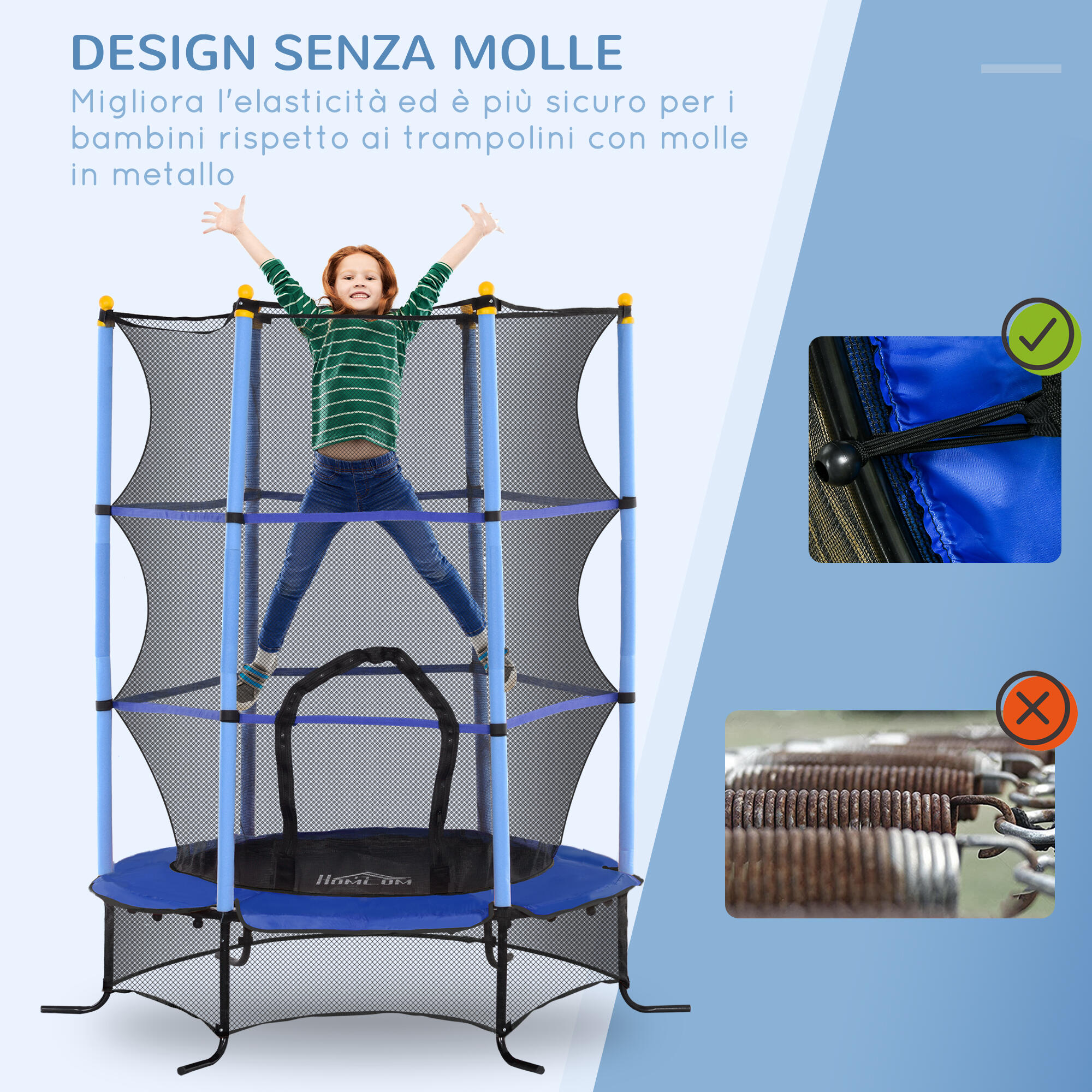 HOMCOM Trampolino Elastico Bambini 3-10 Anni Ø1.6x1.9 m e Rete di Sicurezza Blu 4/7