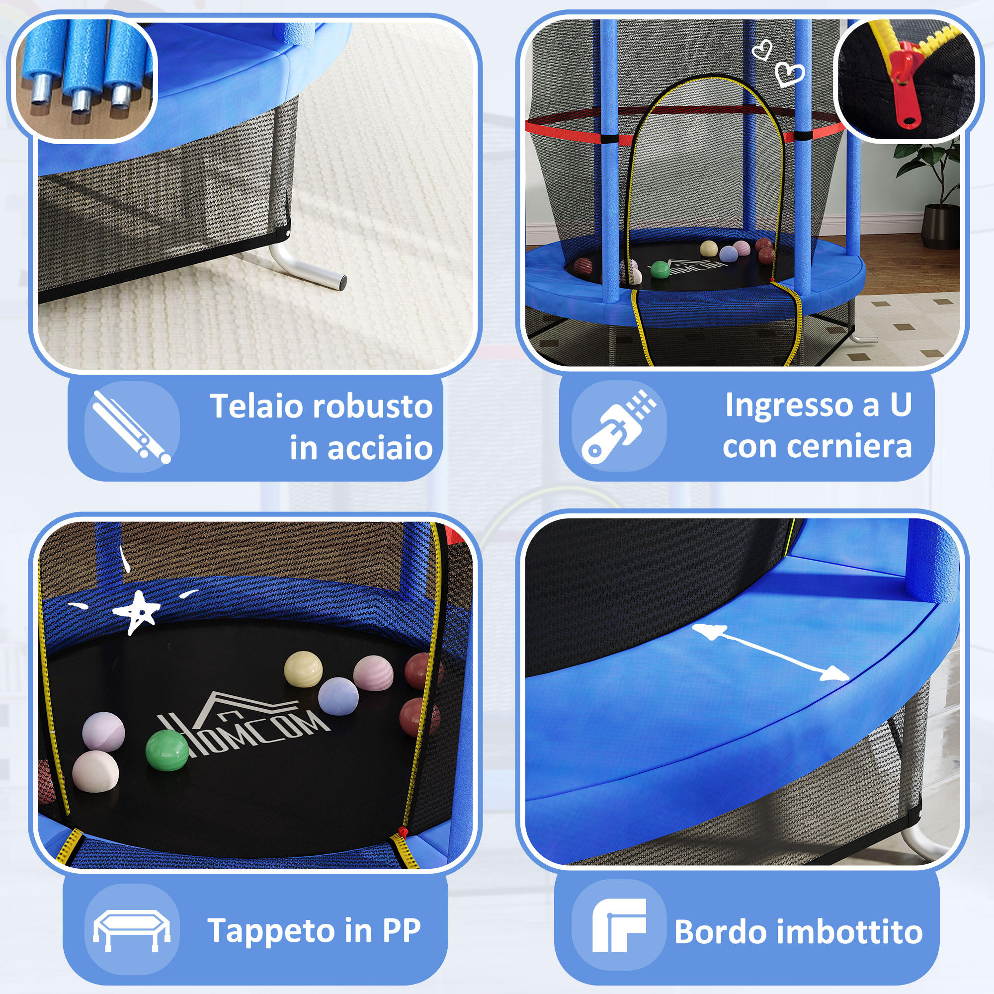 HOMCOM Tappeto Elastico per Bambini 3-6 Anni con 3 Ingressi Blu e Nero 5/7