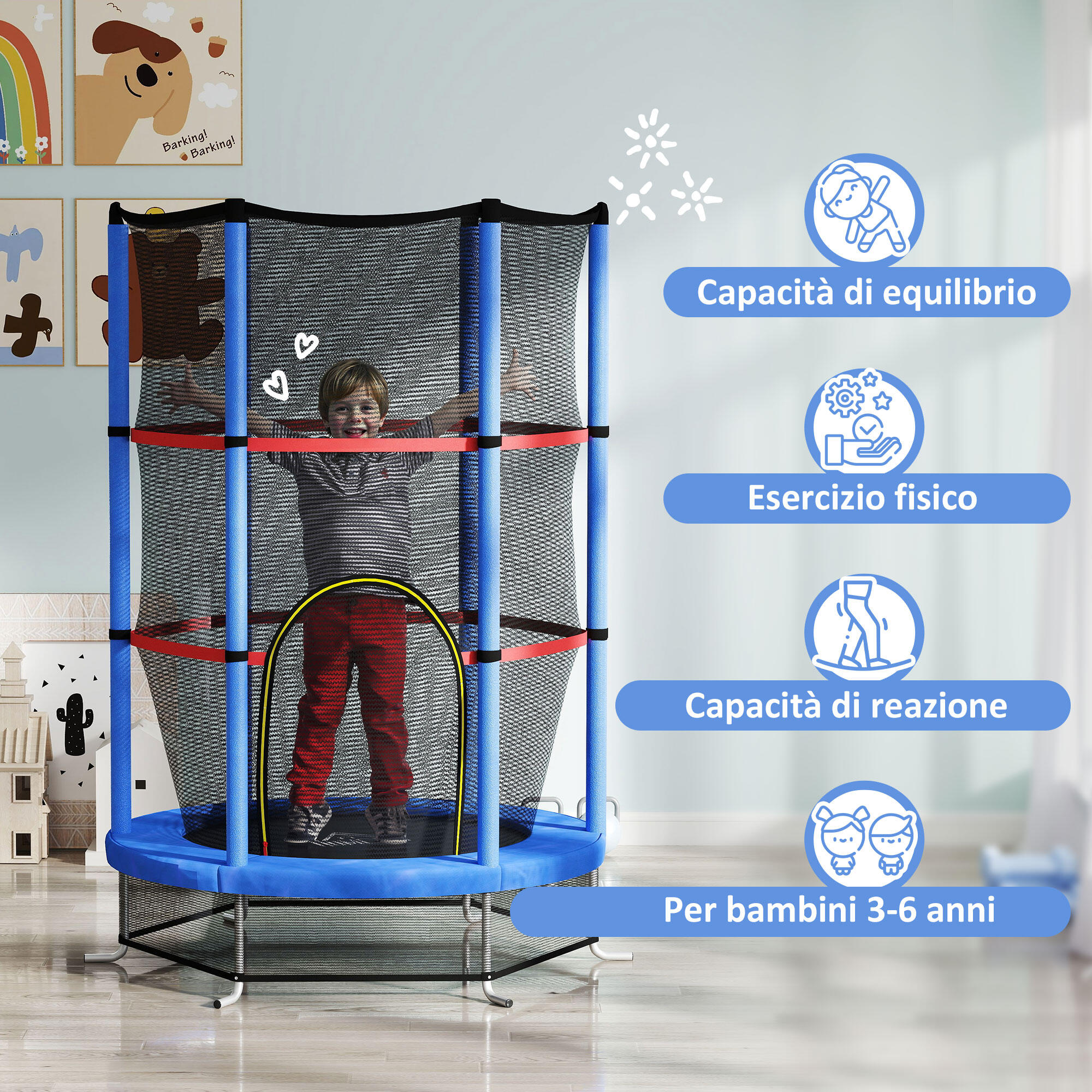 HOMCOM Tappeto Elastico per Bambini 3-6 Anni con 3 Ingressi Blu e Nero 4/7