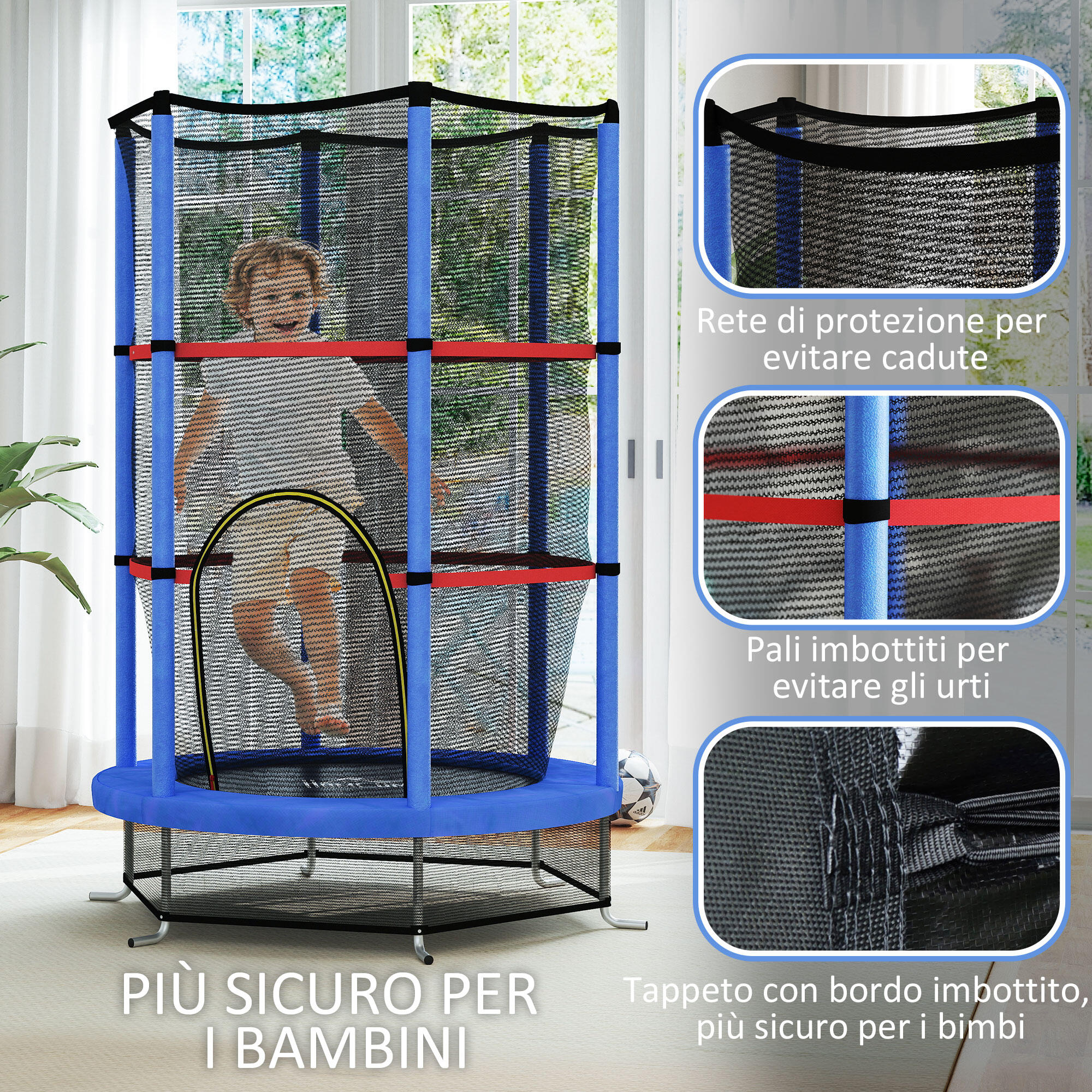 HOMCOM Tappeto Elastico per Bambini 3-6 Anni con 3 Ingressi Blu e Nero 6/7