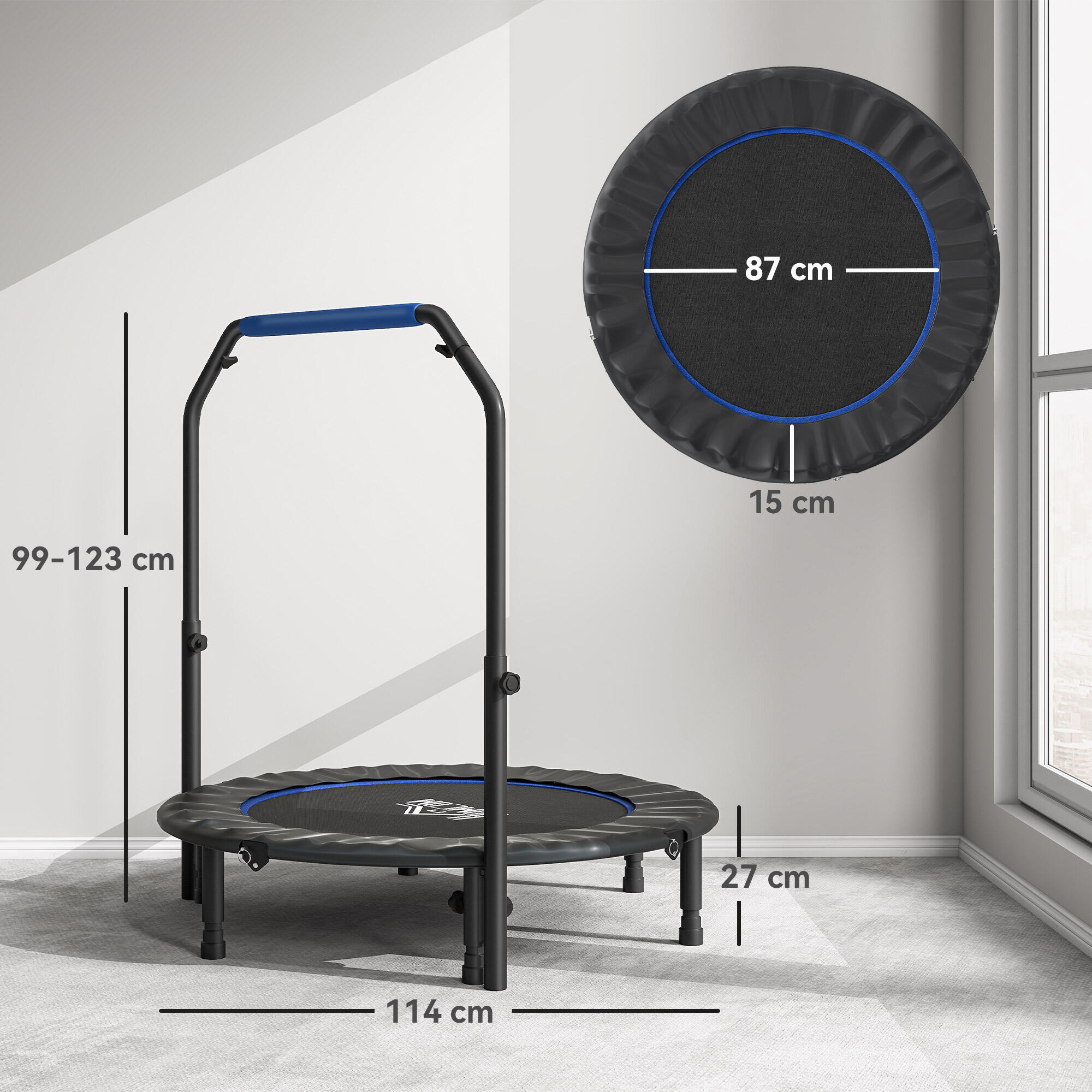 HOMCOM Trampolino Fitness Ø114 cm Pieghevole e Regolabile Blu e Nero 3/8