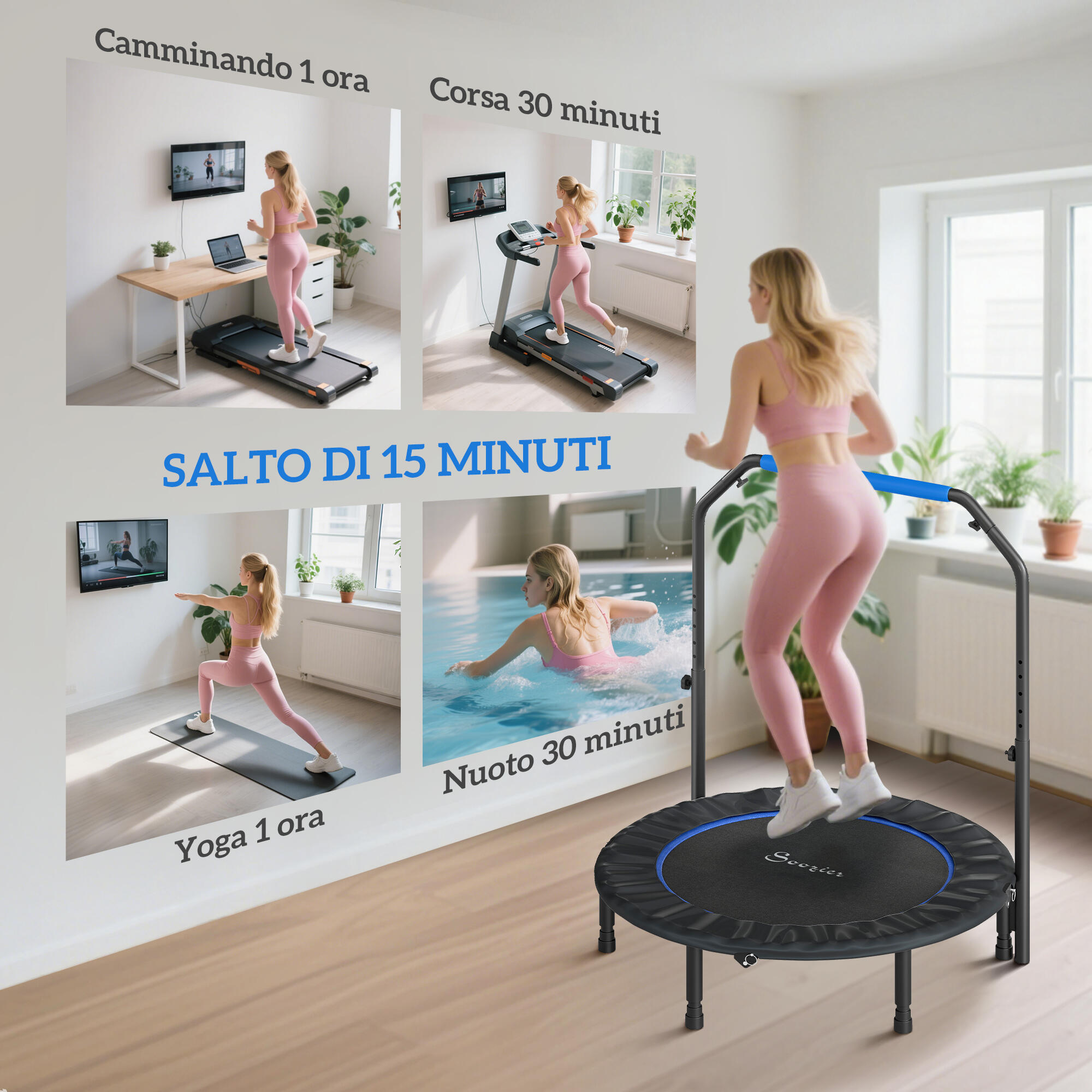 HOMCOM Trampolino Fitness Ø114 cm Pieghevole e Regolabile Blu e Nero 7/8
