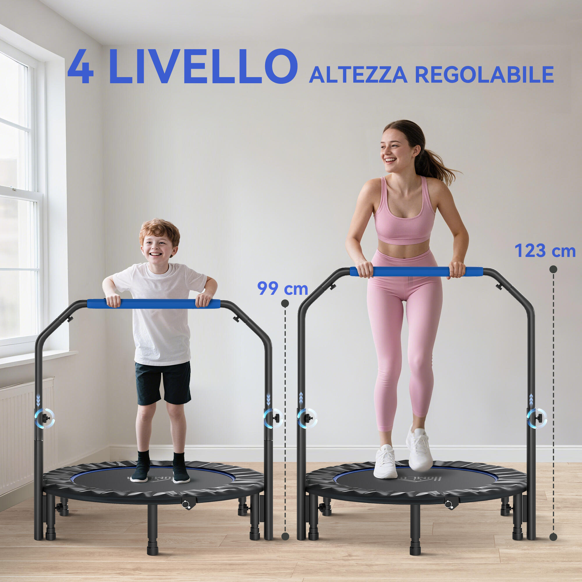 HOMCOM Trampolino Fitness Ø114 cm Pieghevole e Regolabile Blu e Nero 4/8