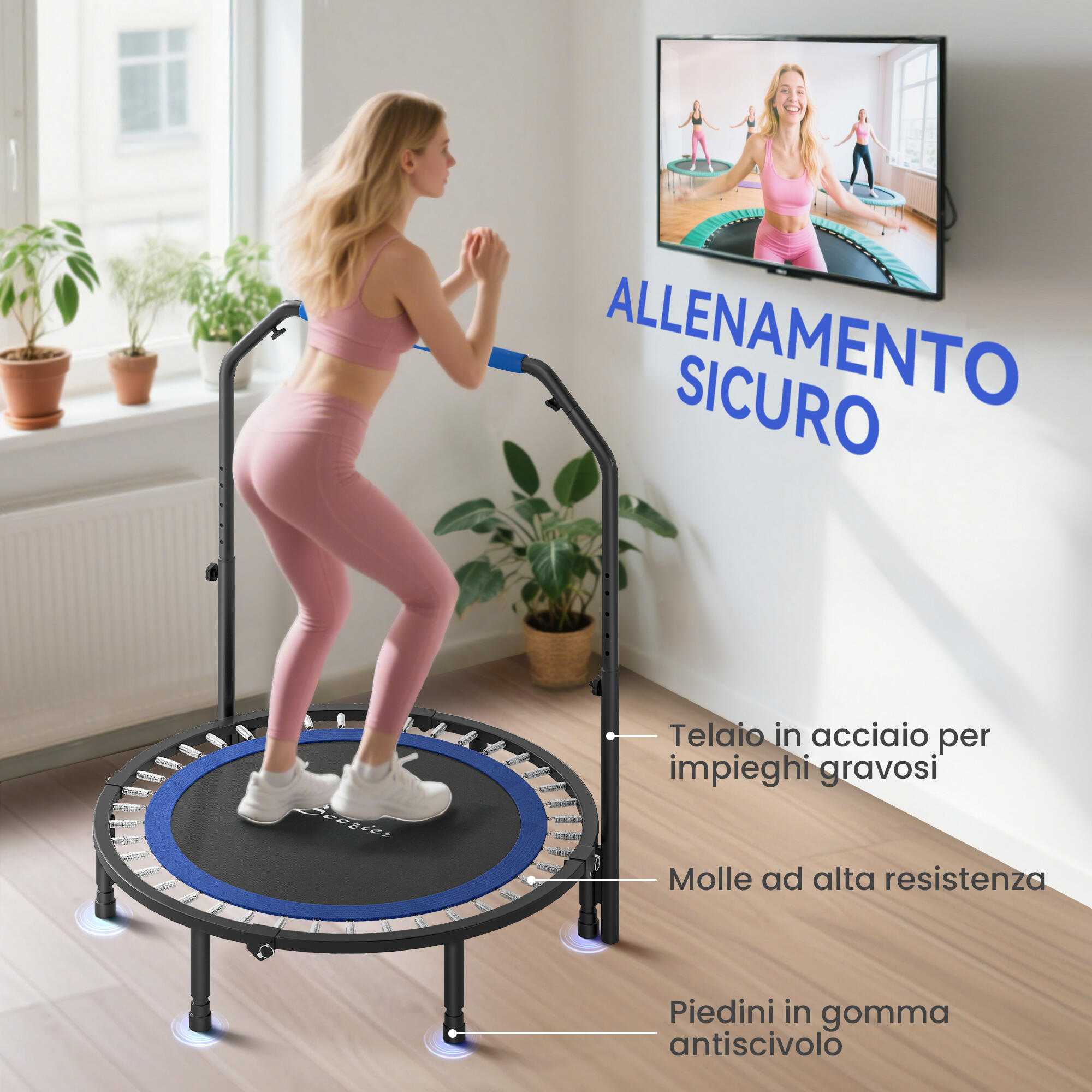 HOMCOM Trampolino Fitness Ø114 cm Pieghevole e Regolabile Blu e Nero 6/8