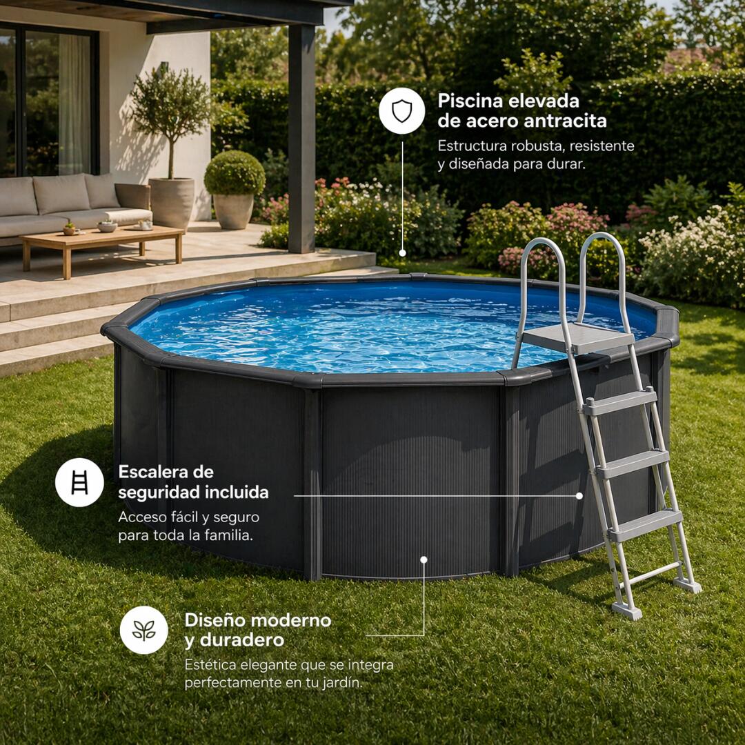Nix Pool 2933 piscine hors-sol acier anthracite ronde Ø550x120 cm avec 3/6