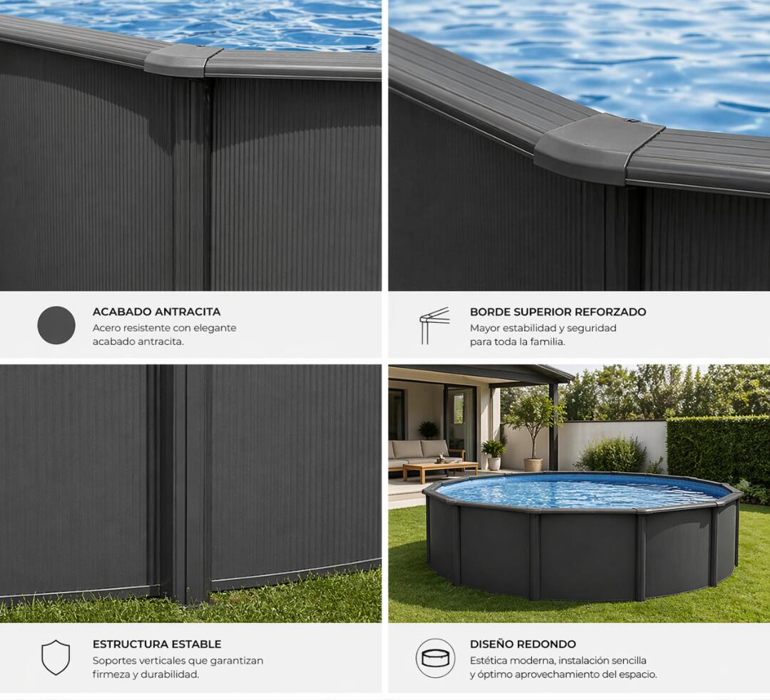 Nix Pool 2933 piscine hors-sol acier anthracite ronde Ø550x120 cm avec 4/6