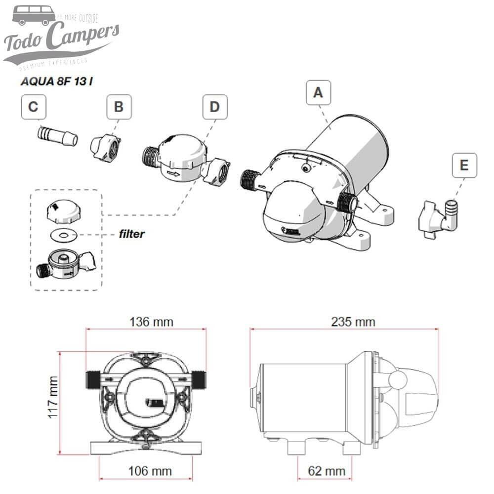 Bomba de presión 12 V de 4 cámaras Fiamma Aqua 8F - 13 Litros 3/7