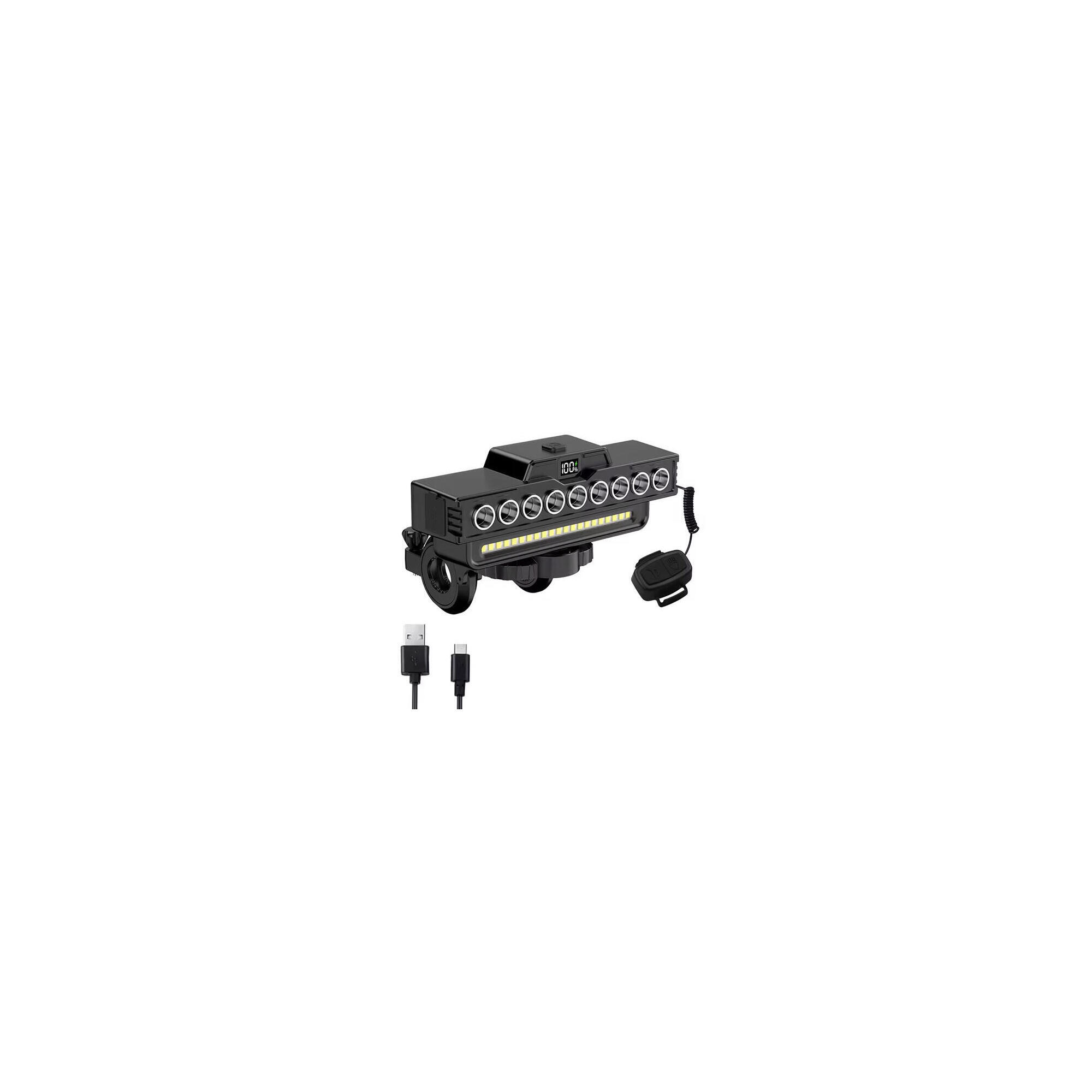 Far bicicleta reincarcabil cu claxon, 9 LED-uri, 7 moduri iluminare, cablu USB