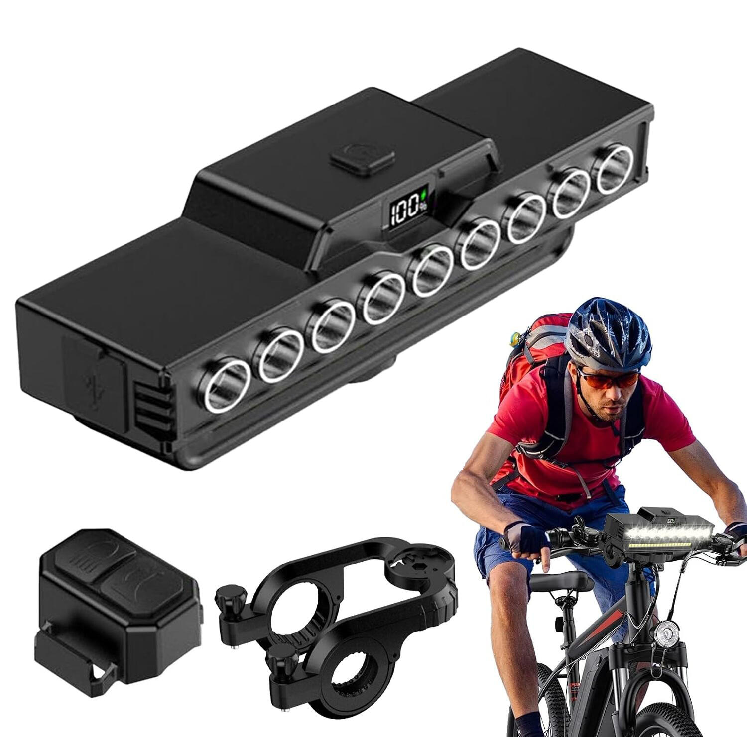 Far bicicleta reincarcabil cu claxon, 9 LED-uri, 7 moduri iluminare, cablu USB