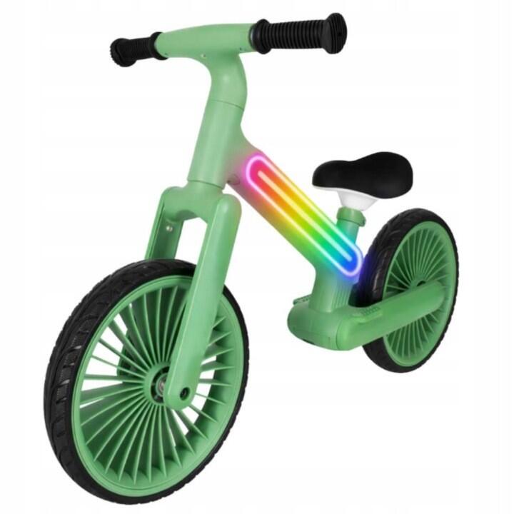 Bicicleta fara pedale copii, LED RGB, reglabila, 90 x 55 x 40-45 cm, verde