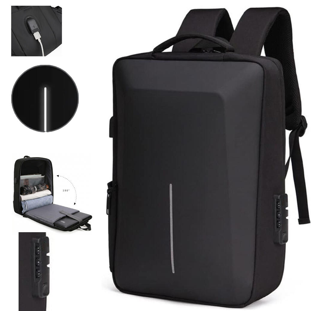 Rucsac laptop antifurt, inchidere cu cifru, USB incarcare, 45x32x14 cm, negru