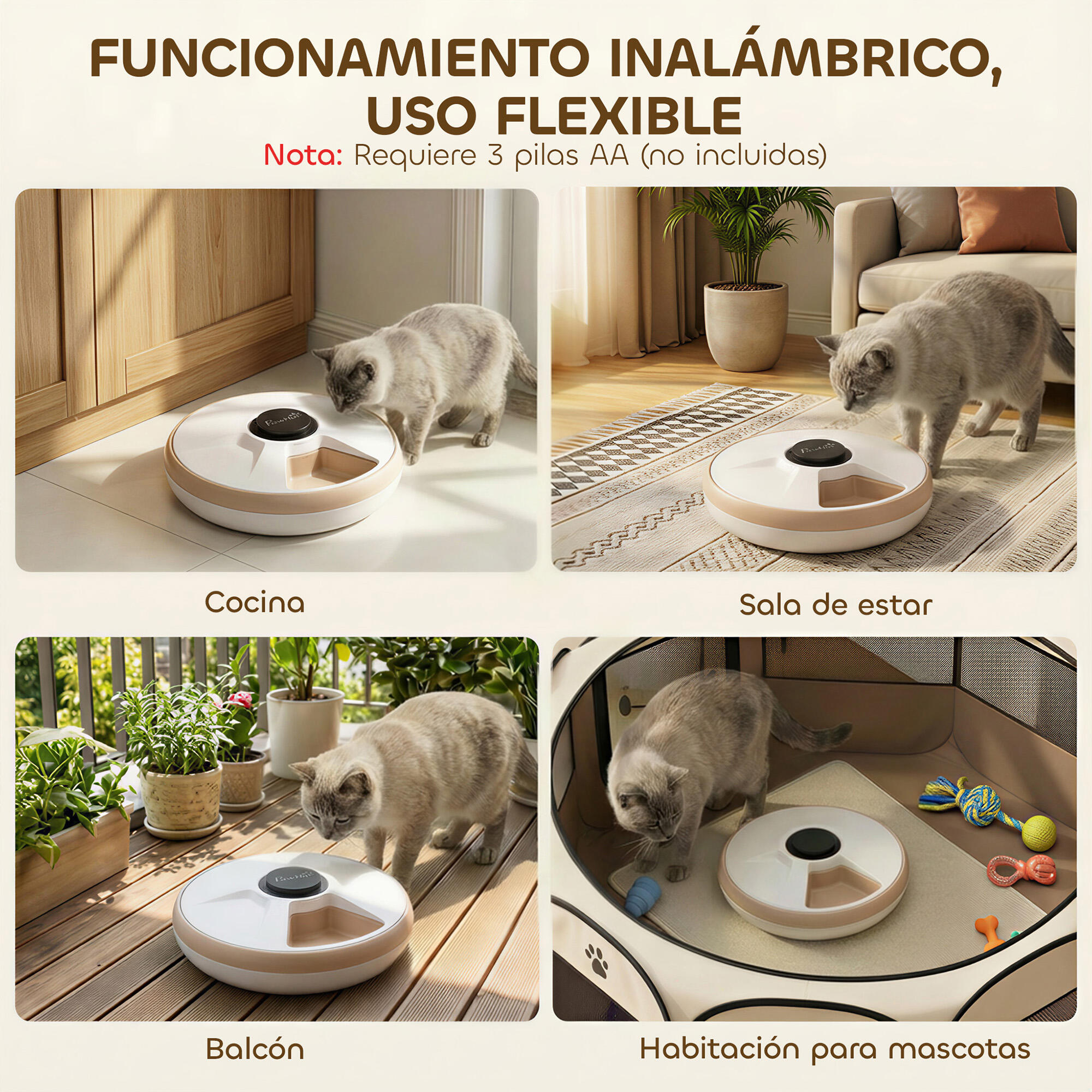 Comedero Automático Mascotas PawHut 31.5x31.5x8.3 cm Marrón 4/5