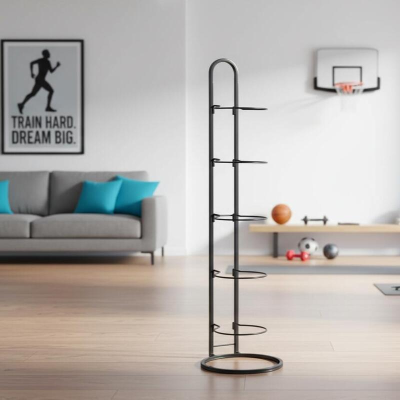 Suport vertical pentru mingi, 5 spatii, metal, 23.5 x 115.5 cm, negru