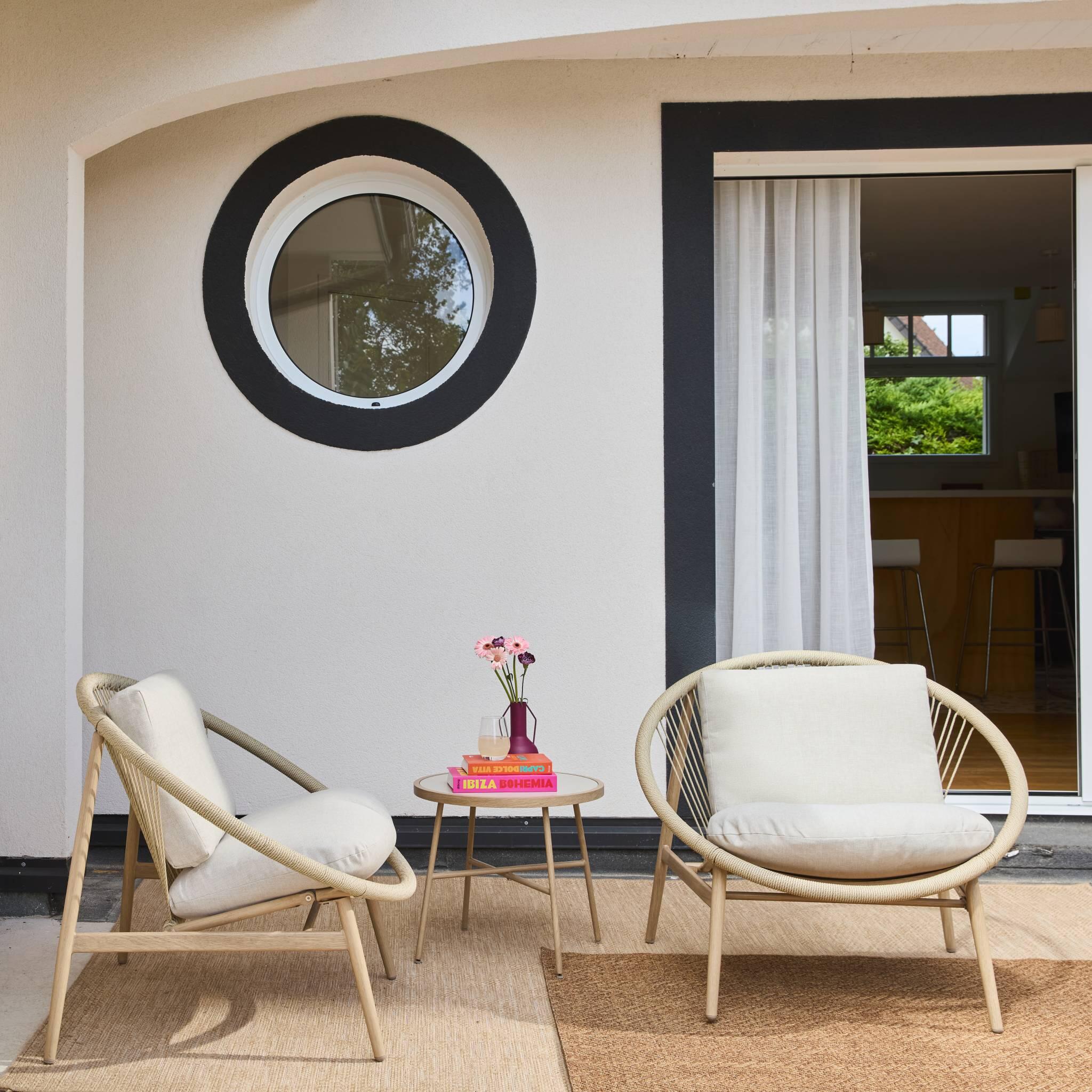 Conjunto de jardim de poltronas de jardim com mesa de aço e rattan, Bege 3/5