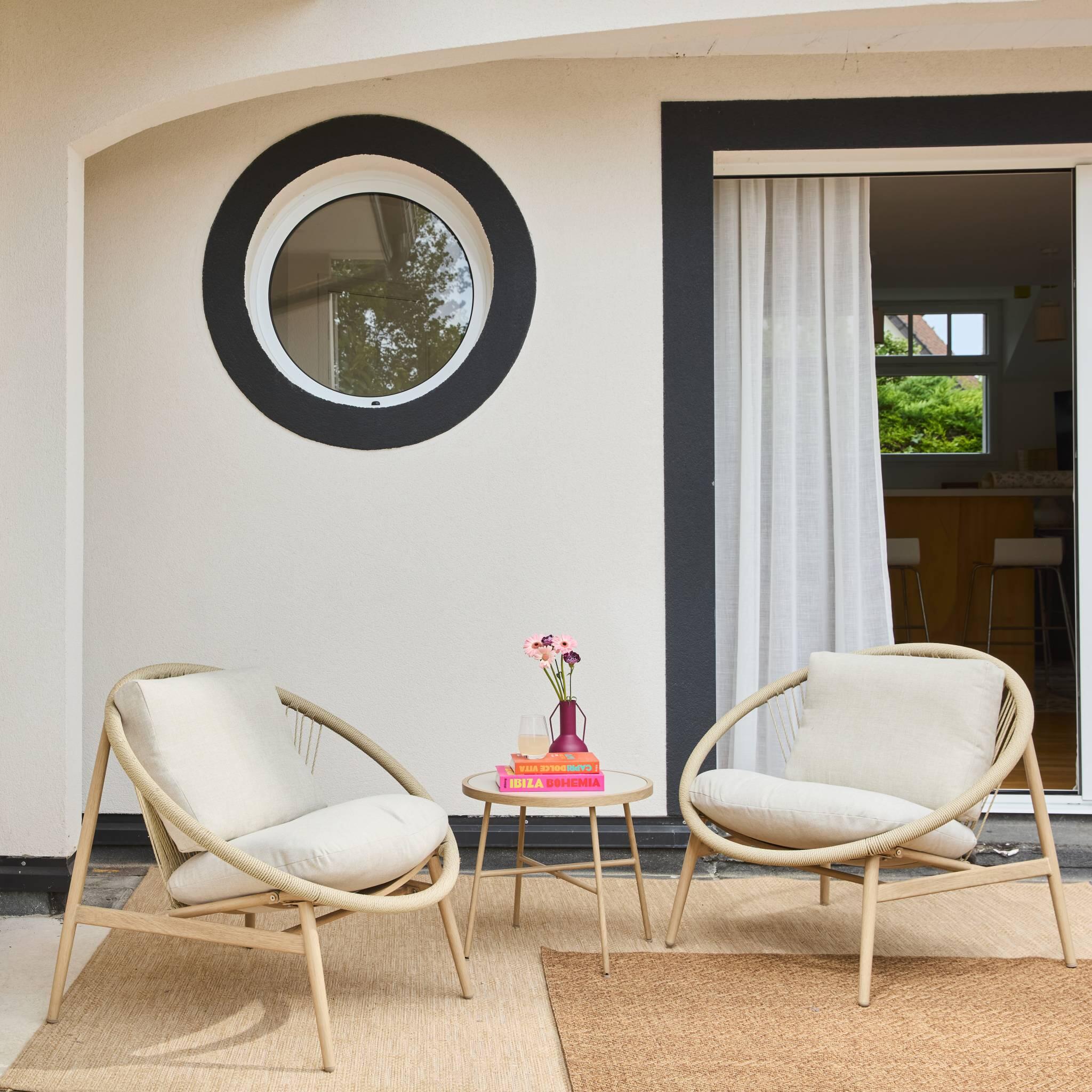 Conjunto de jardim de poltronas de jardim com mesa de aço e rattan, Bege 2/5